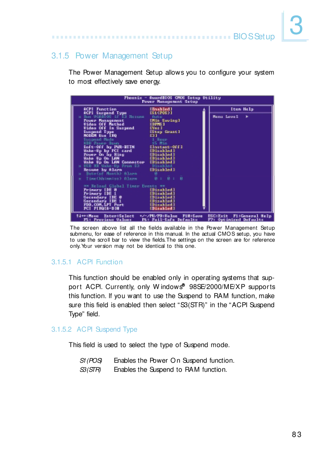 Intel G4H875-C, G4H875-B, G4H875-N user manual Bios Setup Power Management Setup, Acpi Function, Acpi Suspend Type 