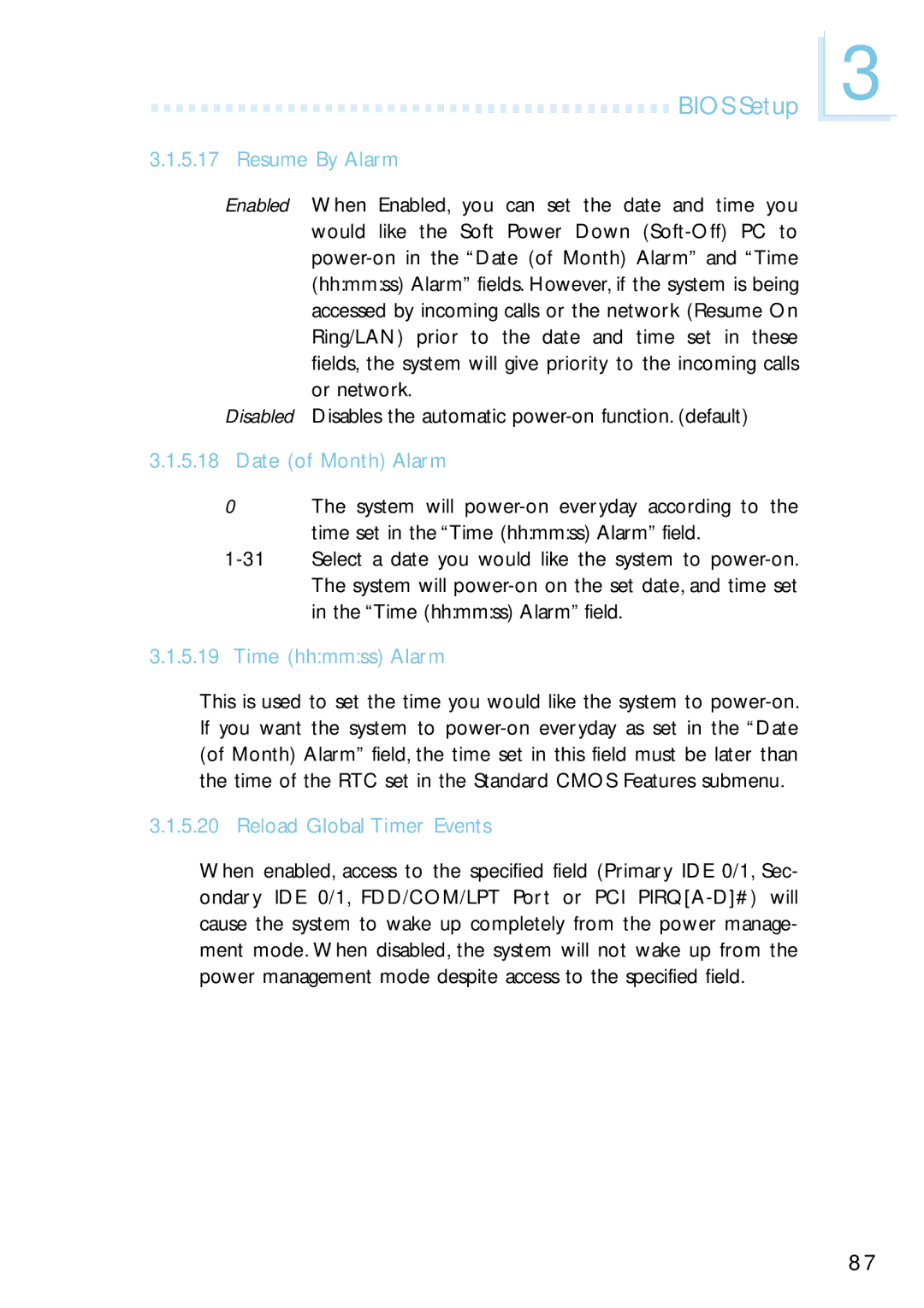 Intel G4H875-B, G4H875-N, G4H875-C Resume By Alarm, Date of Month Alarm, Time hhmmss Alarm, Reload Global Timer Events 