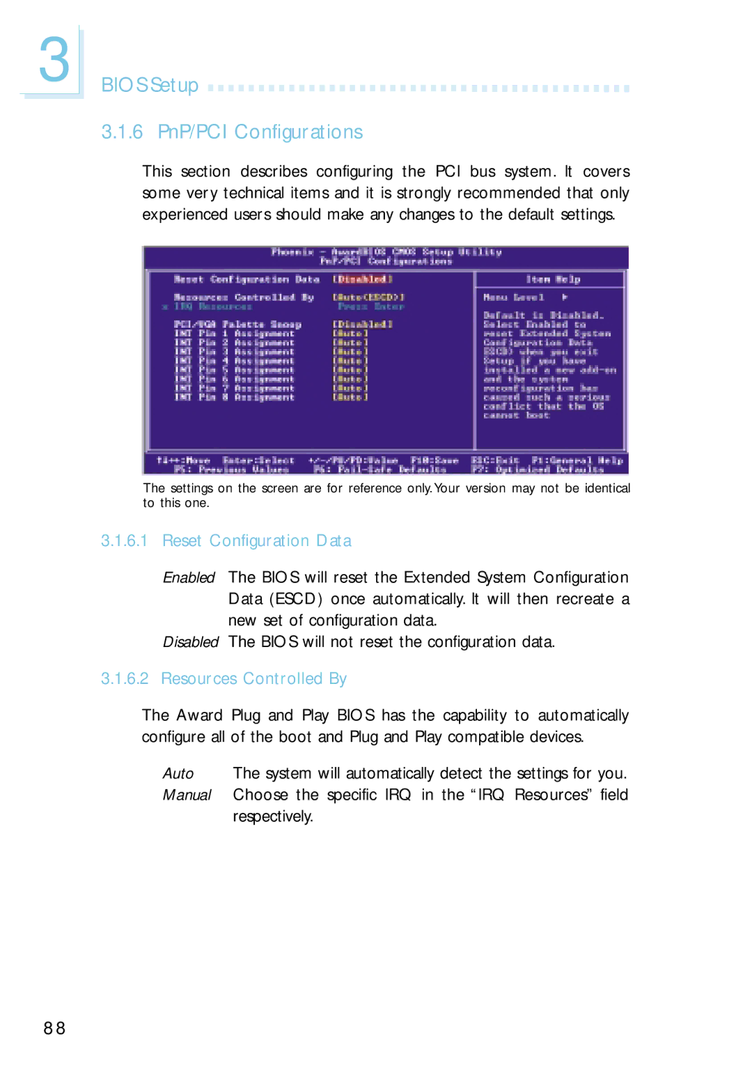 Intel G4H875-N, G4H875-B, G4H875-C Bios Setup 6 PnP/PCI Configurations, Reset Configuration Data, Resources Controlled By 