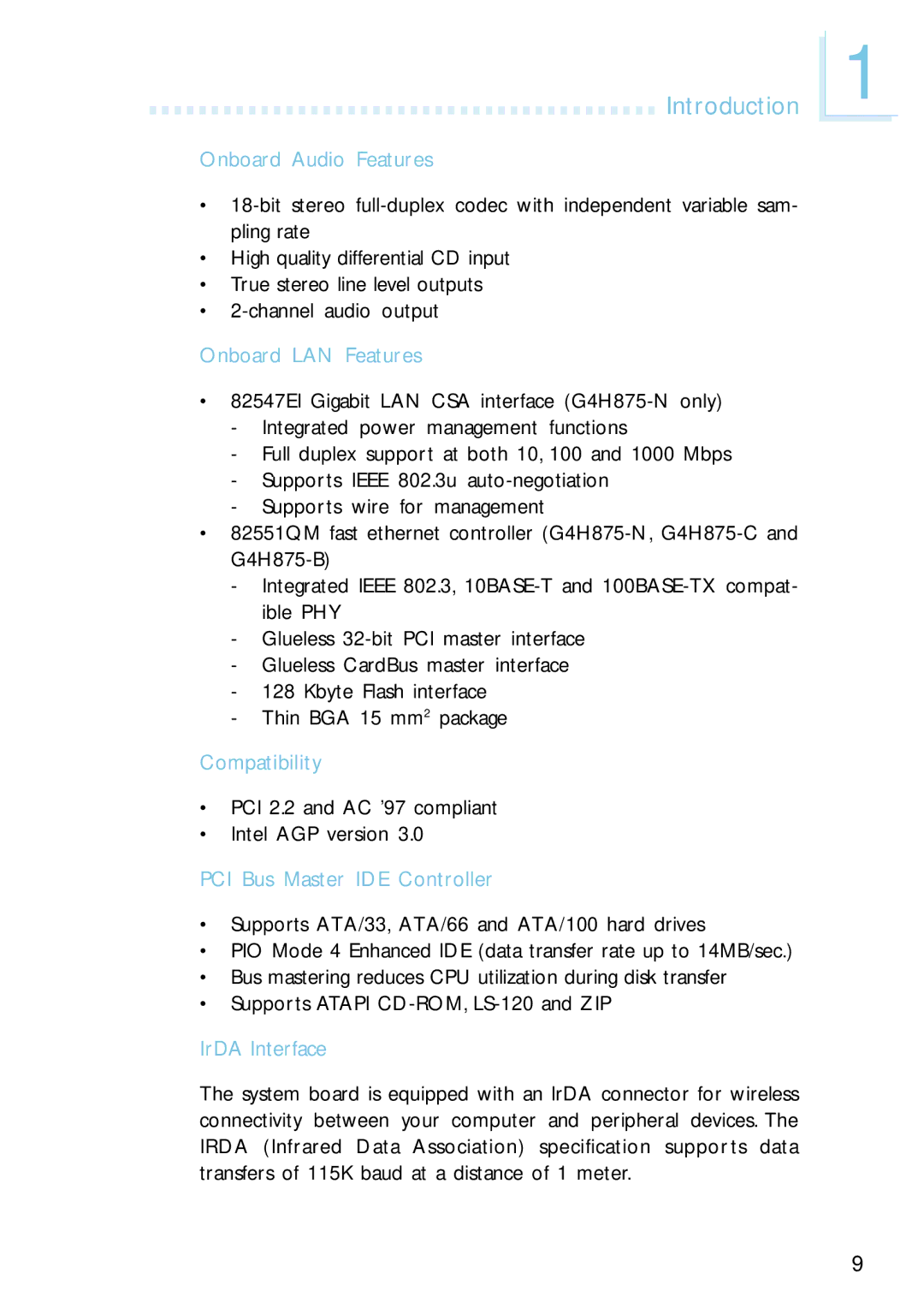 Intel G4H875-B Onboard Audio Features, Onboard LAN Features, Compatibility, PCI Bus Master IDE Controller, IrDA Interface 