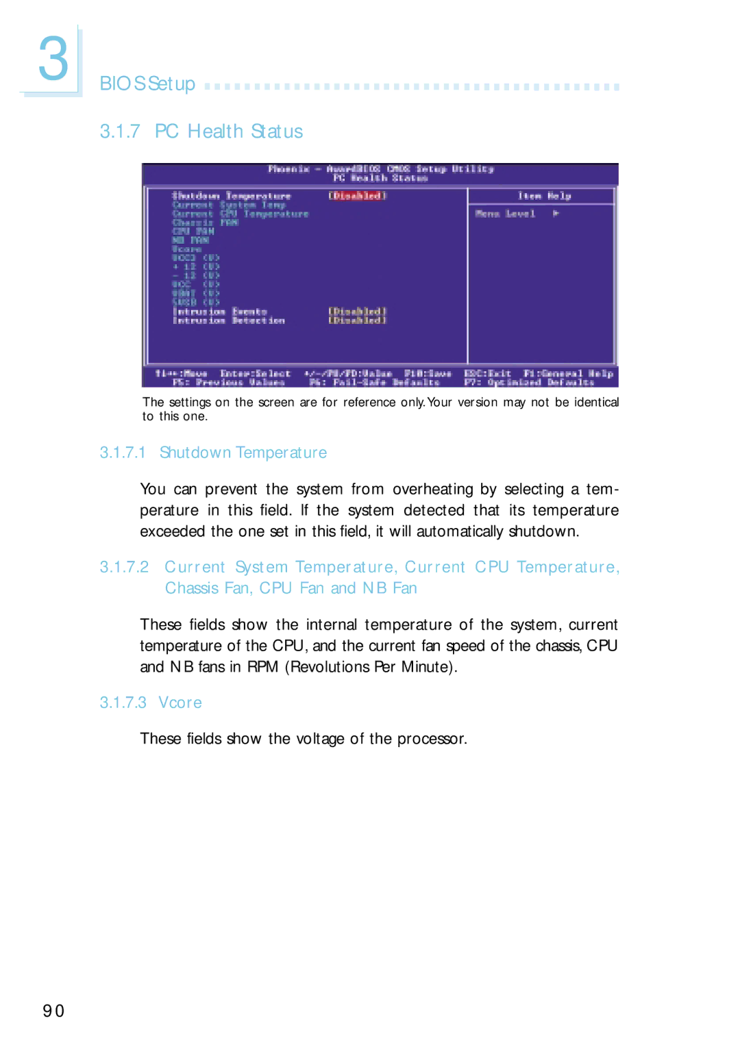 Intel G4H875-B, G4H875-N, G4H875-C user manual Bios Setup 3.1.7 PC Health Status, Shutdown Temperature, Vcore 