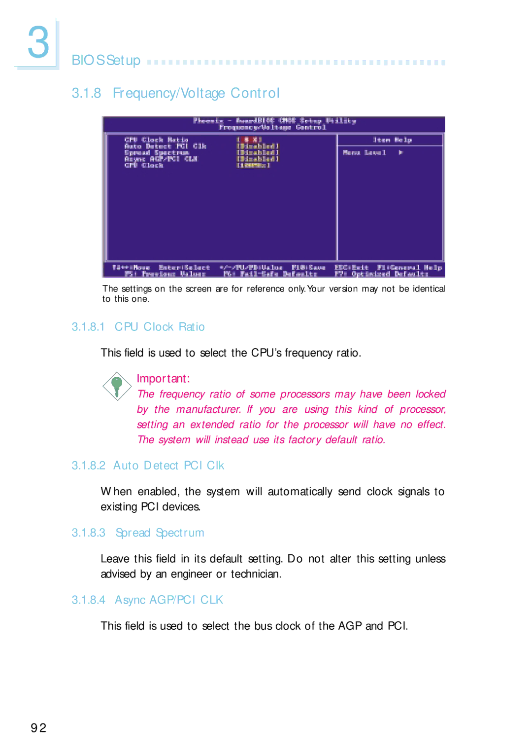 Intel G4H875-C, G4H875-B Bios Setup 3.1.8 Frequency/Voltage Control, CPU Clock Ratio, Auto Detect PCI Clk, Spread Spectrum 