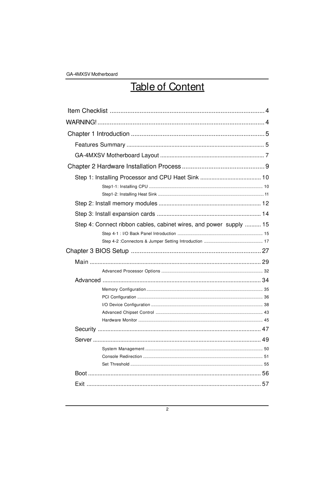 Intel GA-4MXSV user manual Table of Content 