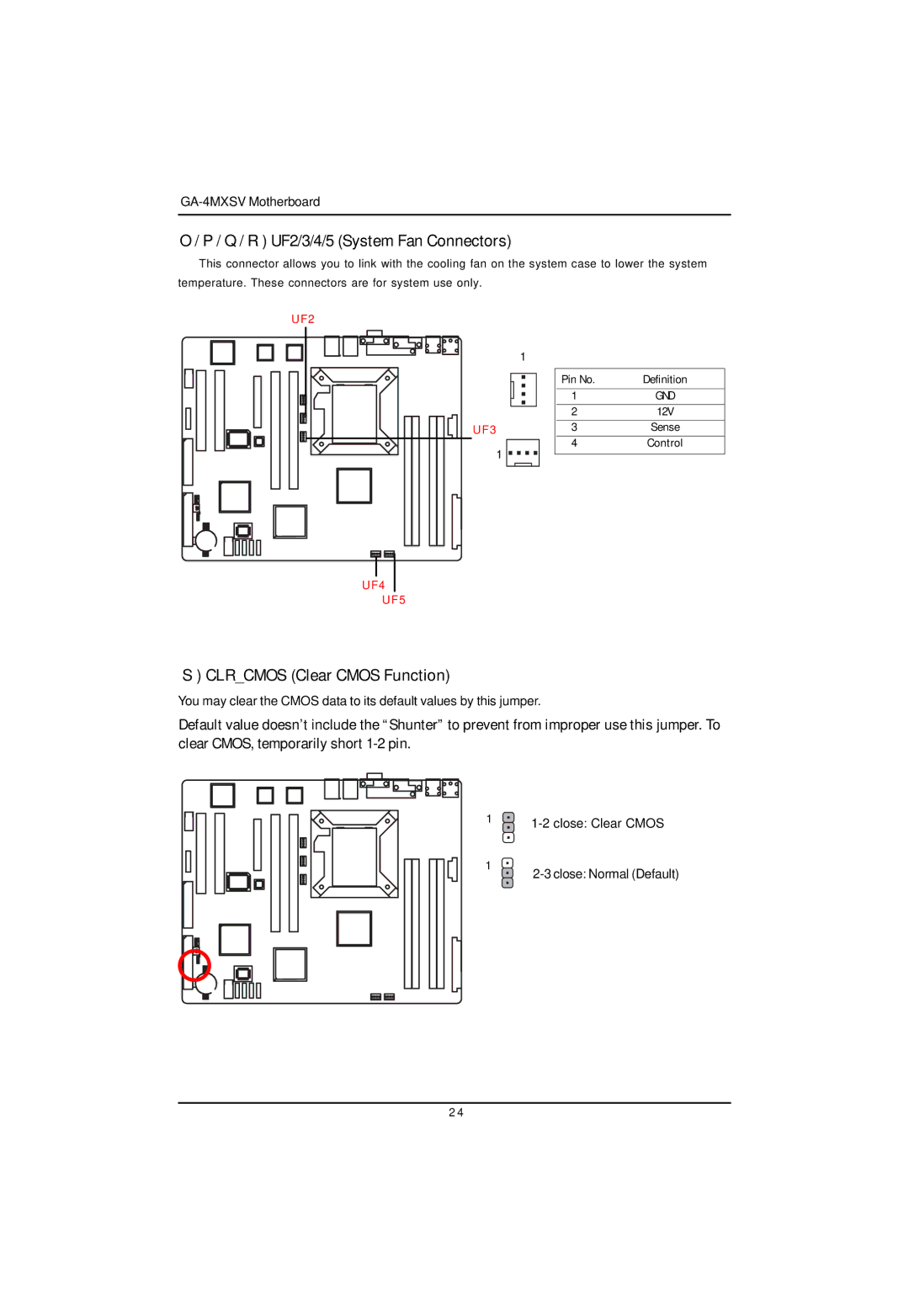 Intel GA-4MXSV user manual Q / R UF2/3/4/5 System Fan Connectors, Clrcmos Clear Cmos Function 