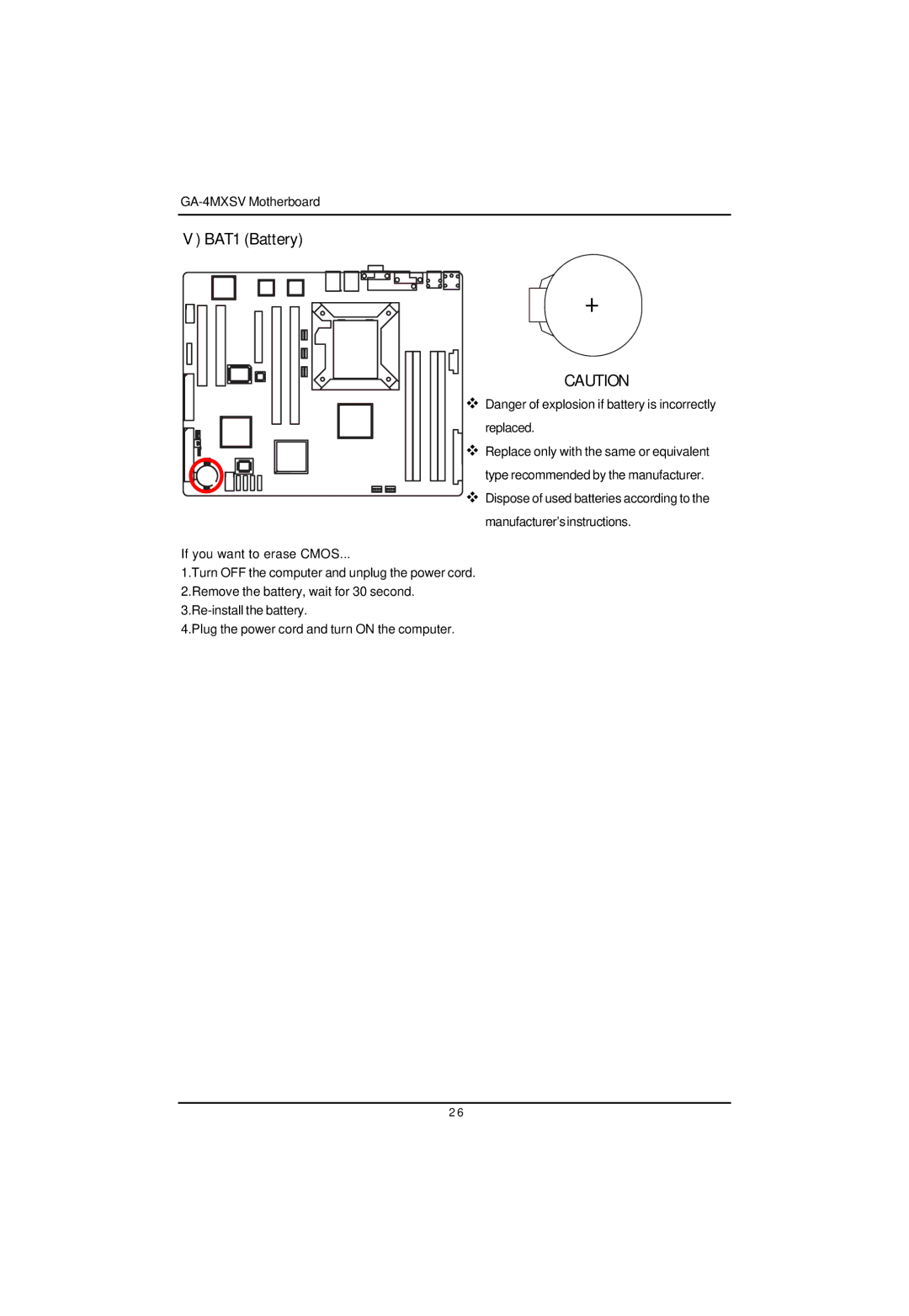 Intel GA-4MXSV user manual BAT1 Battery 