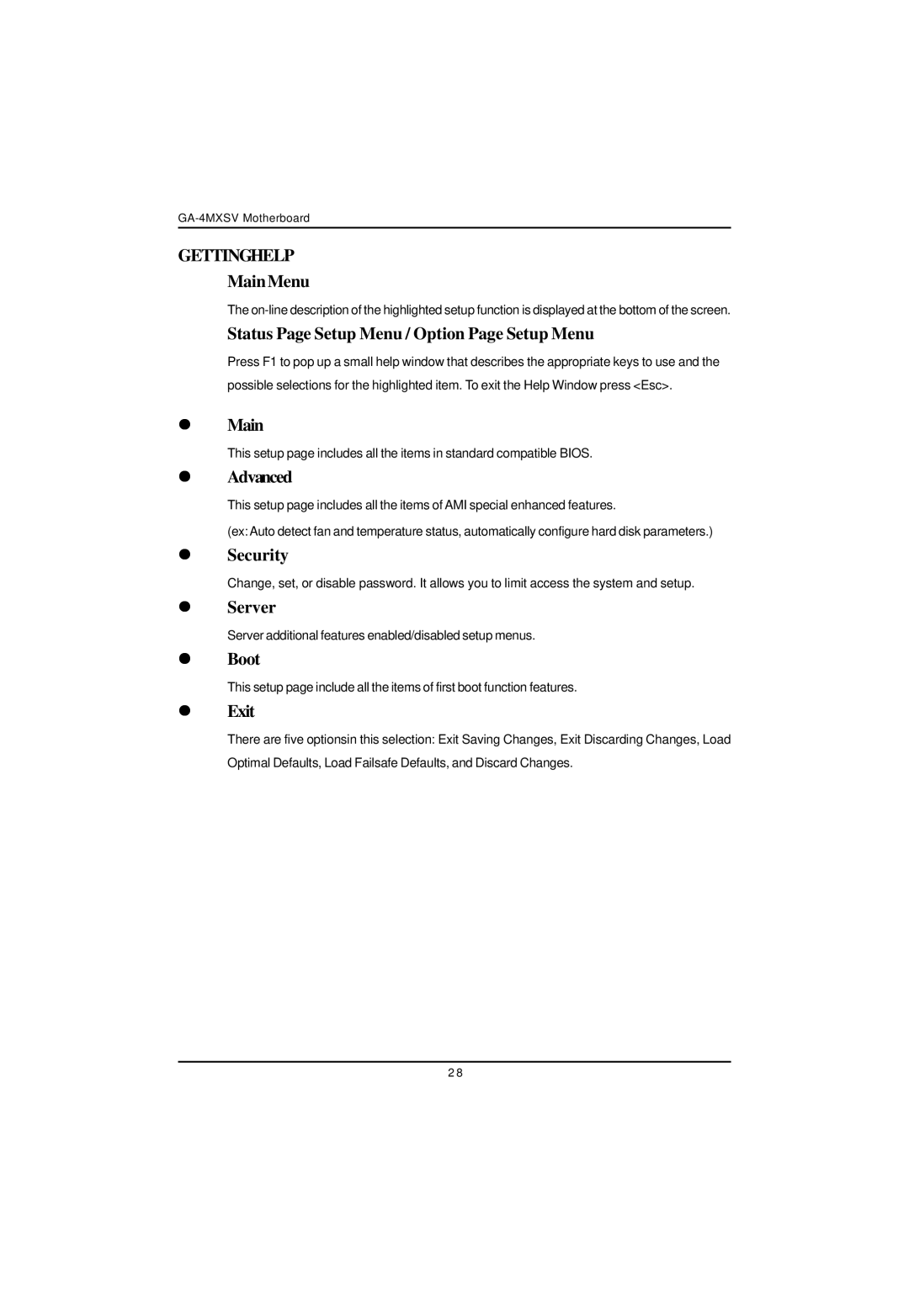 Intel GA-4MXSV MainMenu, Status Page Setup Menu / Option Page Setup Menu, Advanced, Security, Server, Boot, Exit 