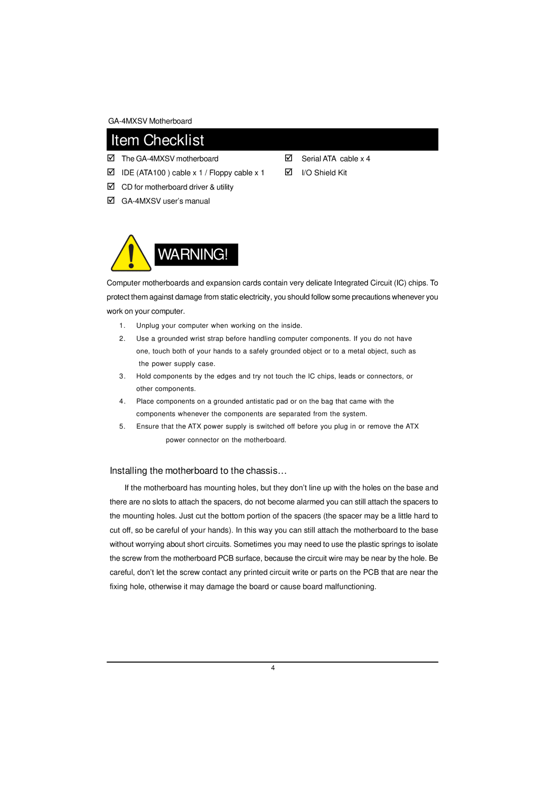 Intel GA-4MXSV user manual Item Checklist, Installing the motherboard to the chassis… 