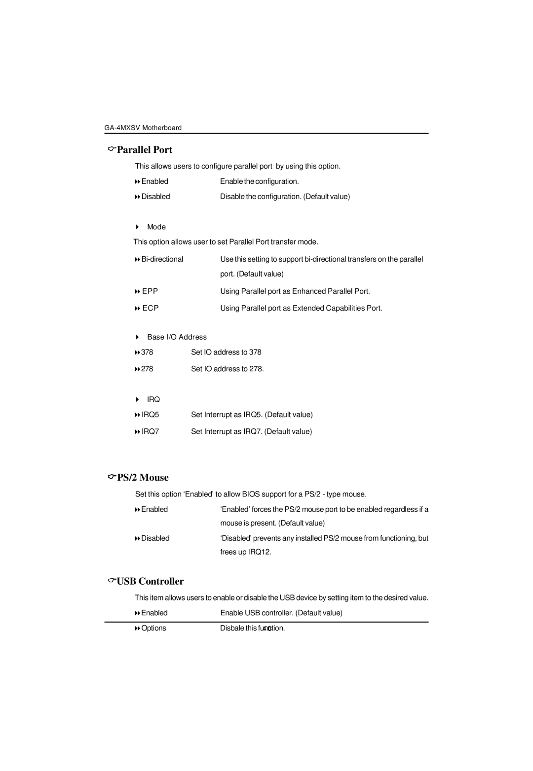 Intel GA-4MXSV user manual Parallel Port, PS/2 Mouse, USB Controller 