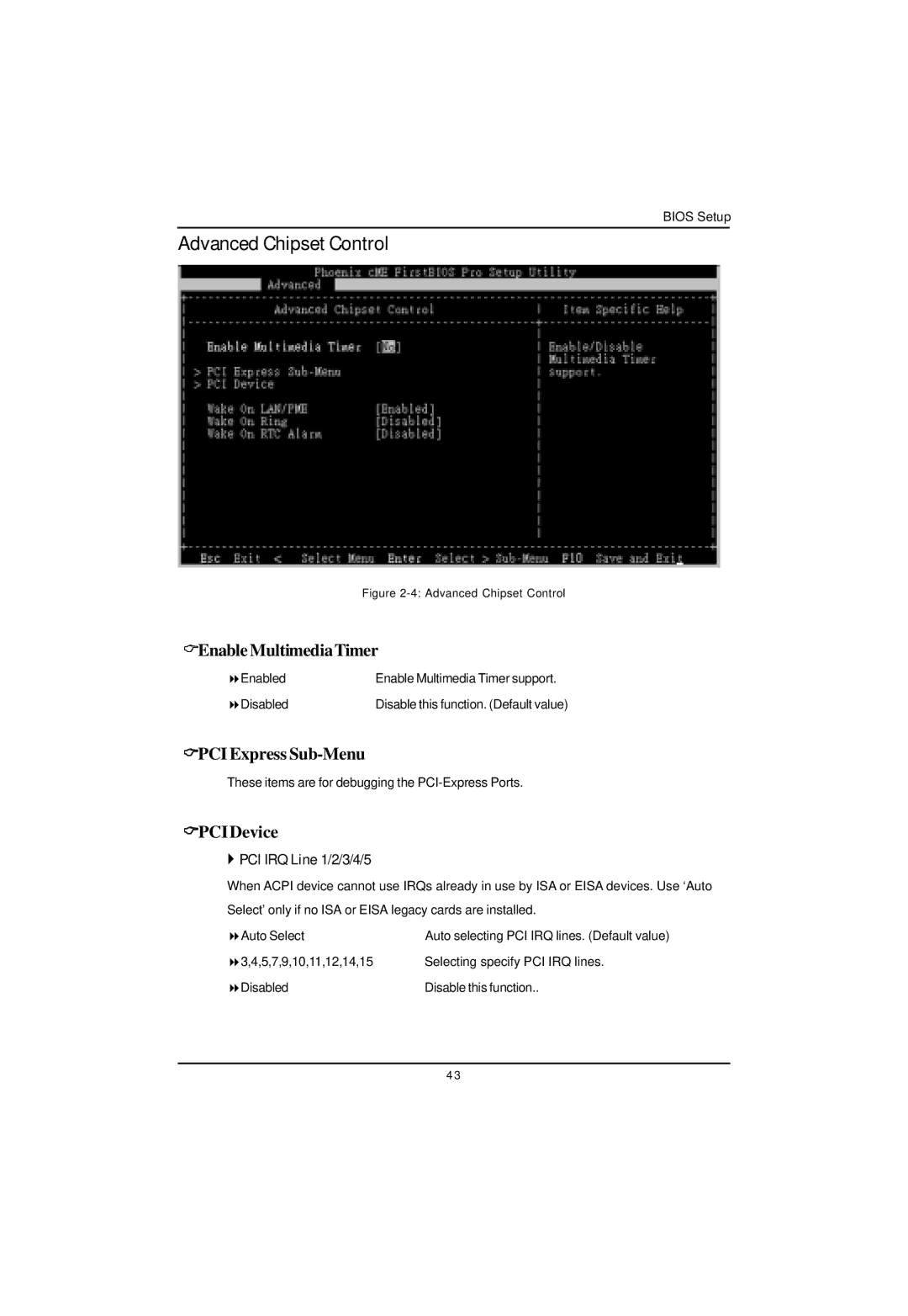 Intel GA-4MXSV Advanced Chipset Control, Enable MultimediaTimer, PCI Express Sub-Menu, PCIDevice, ` PCI IRQ Line 1/2/3/4/5 