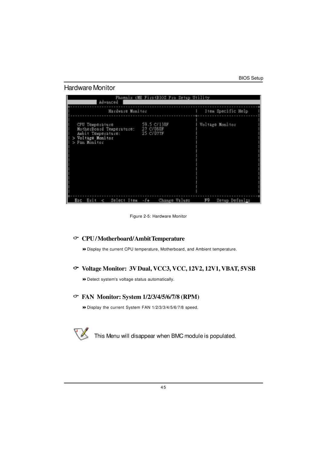 Intel GA-4MXSV user manual Hardware Monitor, CPU / Motherboard/AmbitTemperature, FAN Monitor System 1/2/3/4/5/6/7/8 RPM 