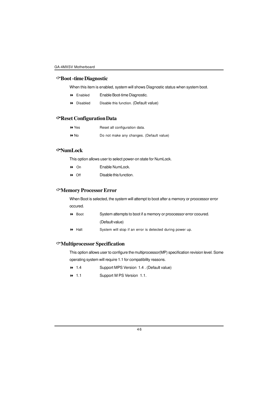 Intel GA-4MXSV user manual Boot -time Diagnostic, Reset ConfigurationData, NumLock, Memory Processor Error 