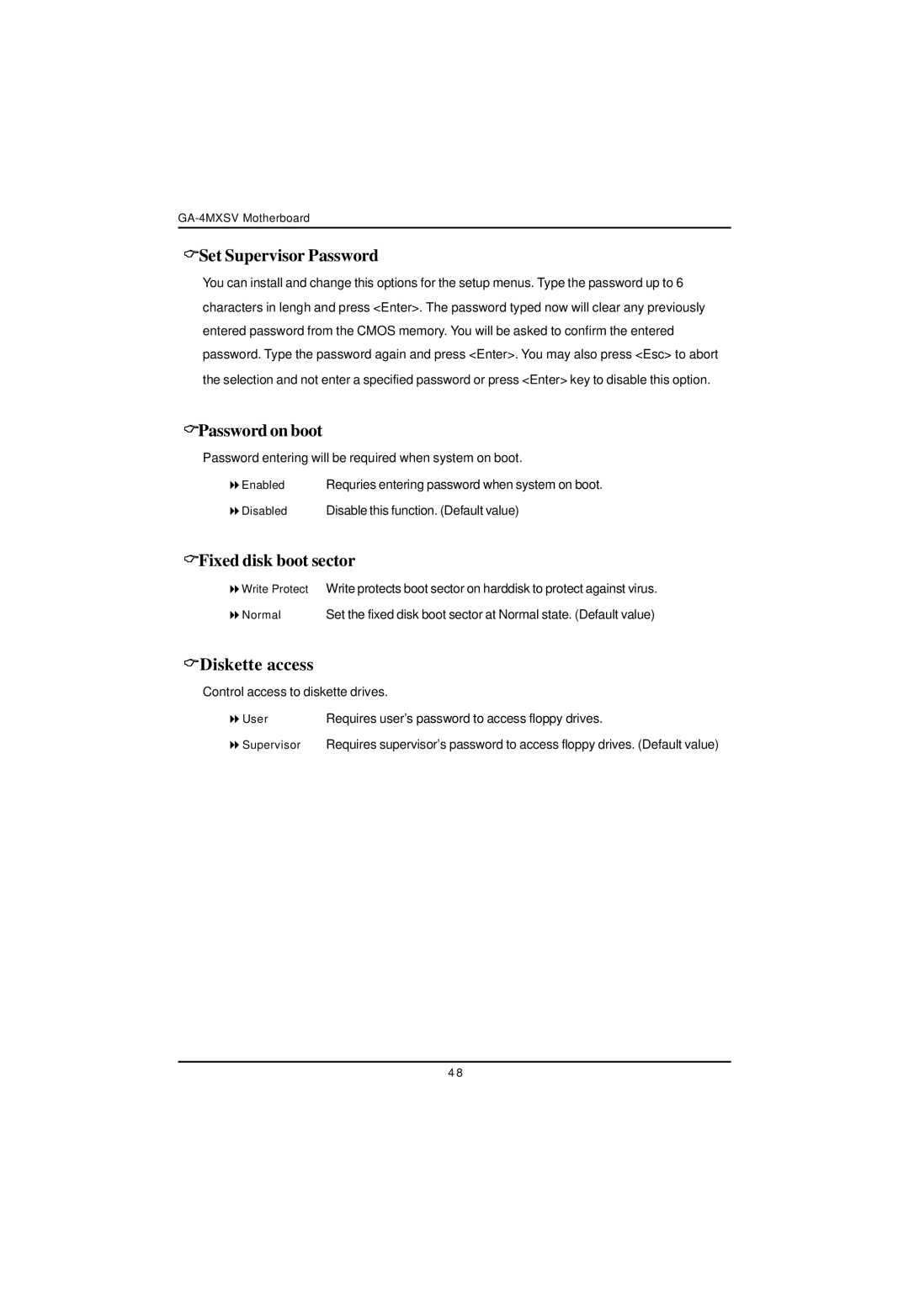 Intel GA-4MXSV user manual Set Supervisor Password, Password on boot, Fixed disk boot sector, Diskette access 