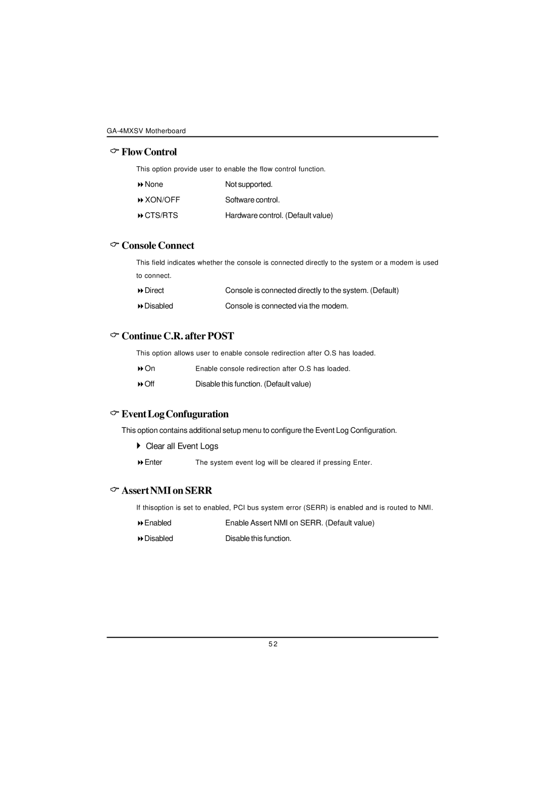 Intel GA-4MXSV user manual FlowControl, Console Connect, Continue C.R. after Post, EventLogConfuguration, AssertNMI on Serr 