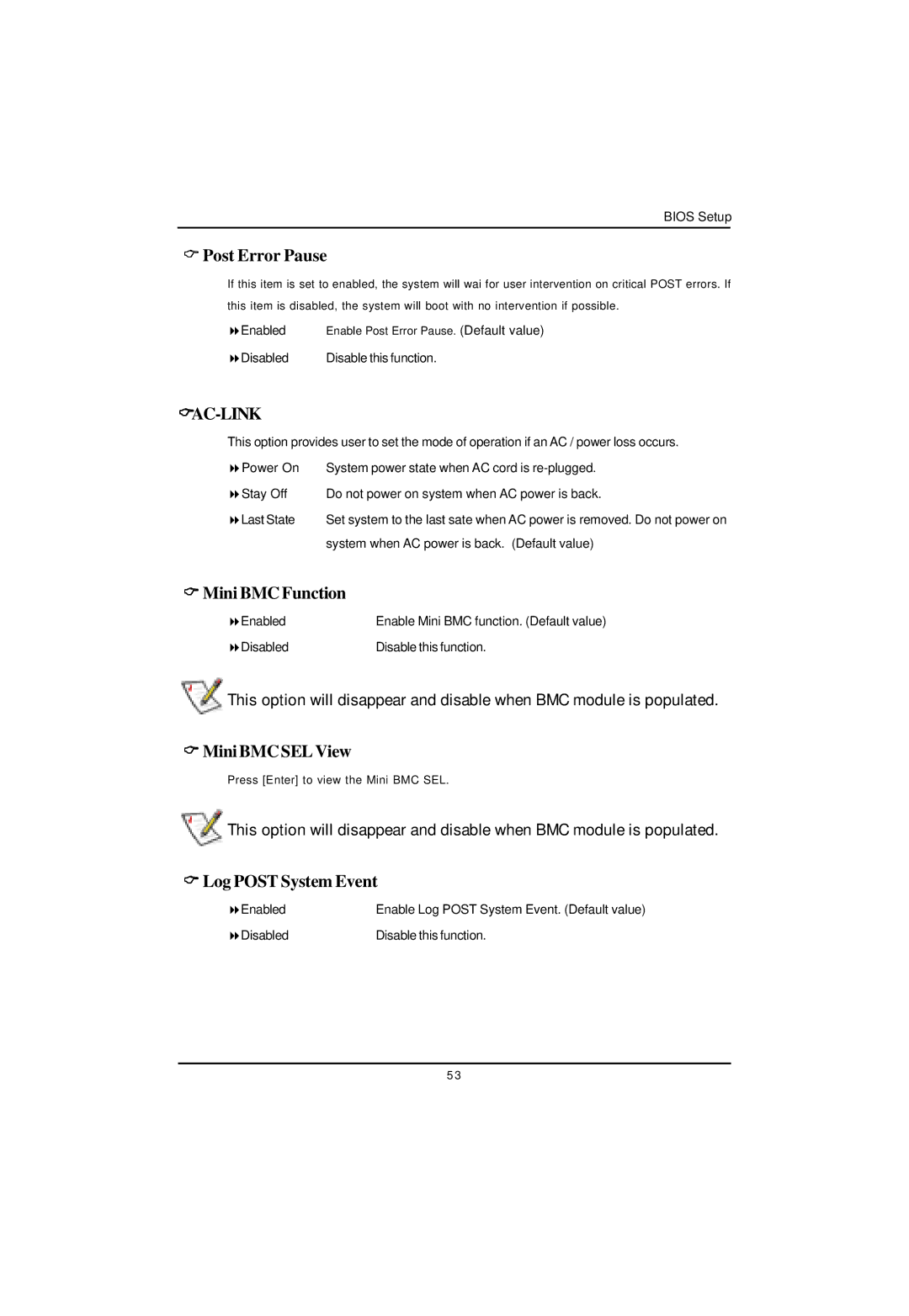 Intel GA-4MXSV user manual Post Error Pause, Mini BMC Function, Mini BMC SEL View, Log Post System Event 