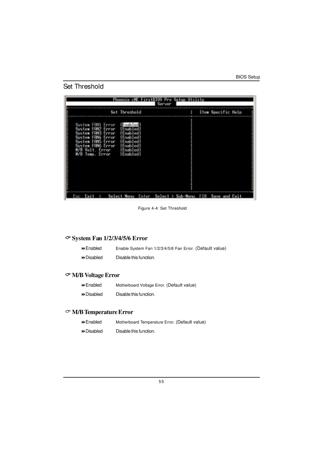 Intel GA-4MXSV user manual Set Threshold, System Fan 1/2/3/4/5/6 Error, Voltage Error, BTemperature Error 