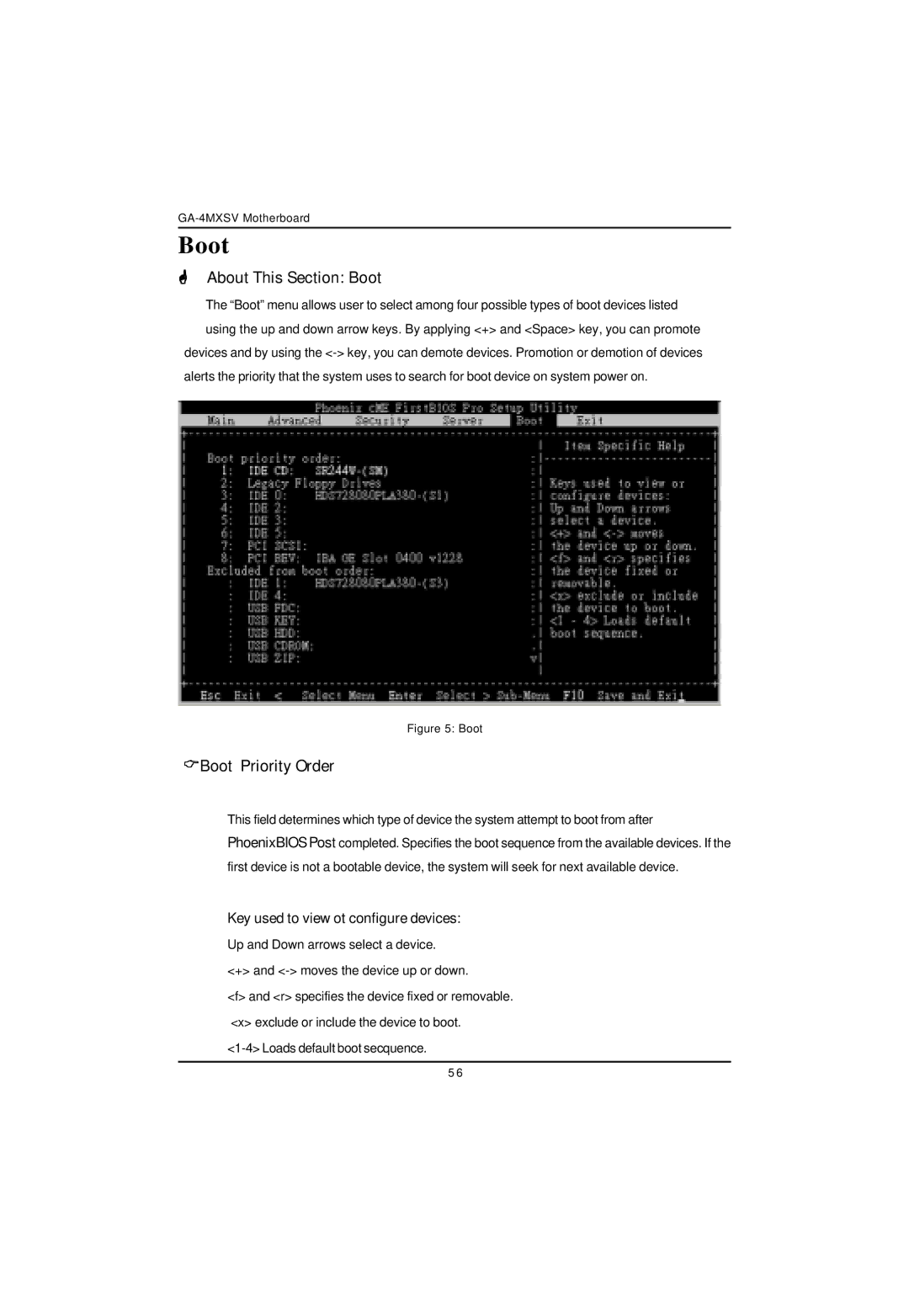 Intel GA-4MXSV user manual About This Section Boot, Boot Priority Order, Key used to view ot configure devices 