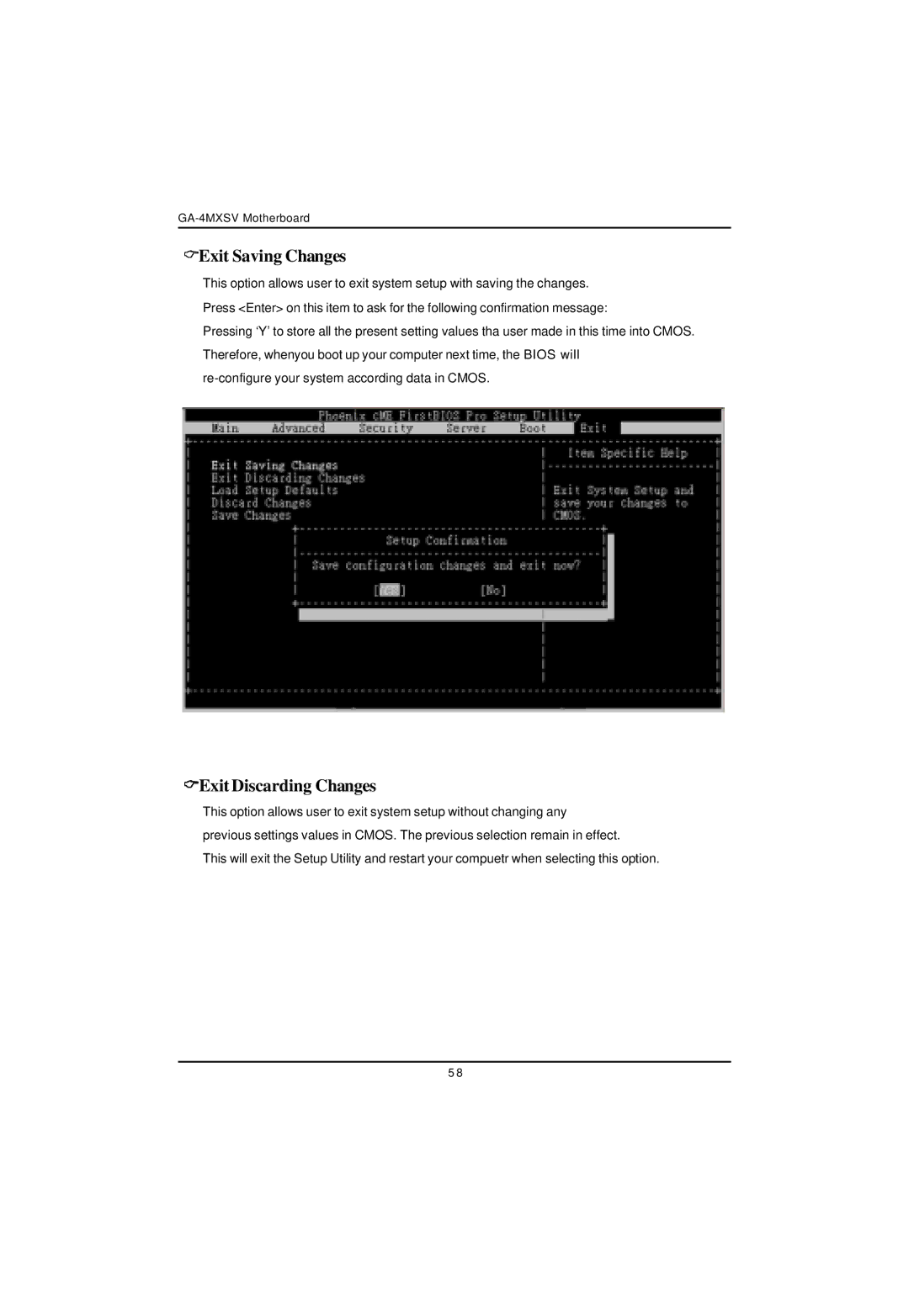 Intel GA-4MXSV user manual Exit Saving Changes, Exit Discarding Changes 