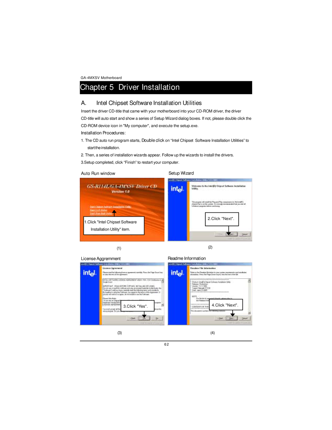 Intel GA-4MXSV Intel Chipset Software Installation Utilities, Installation Procedures, Auto Run window Setup Wizard 