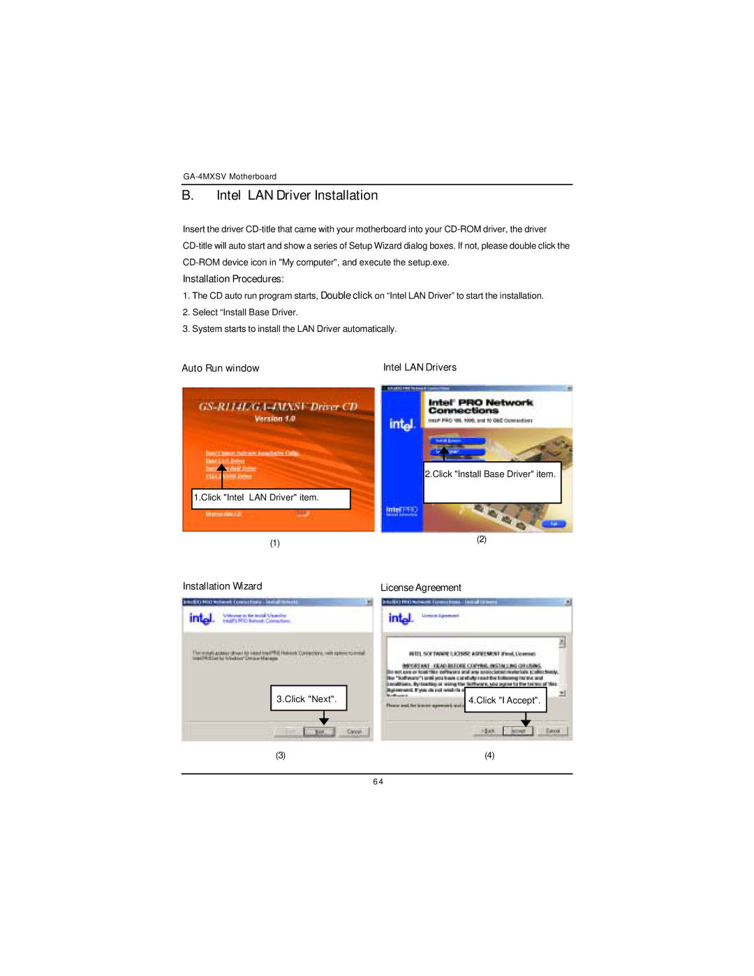 Intel GA-4MXSV Intel LAN Driver Installation, Auto Run window Intel LAN Drivers, Installation Wizard License Agreement 