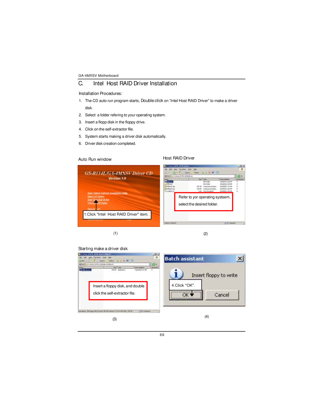 Intel GA-4MXSV Intel Host RAID Driver Installation, Auto Run window Host RAID Driver, Starting make a driver disk 