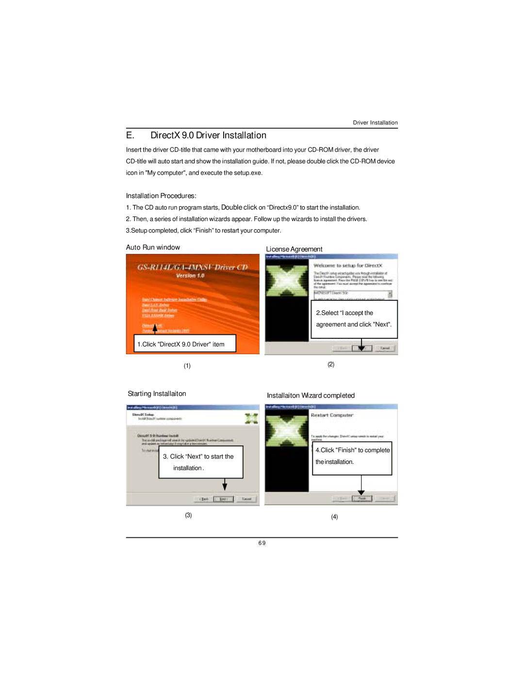 Intel GA-4MXSV user manual DirectX 9.0 Driver Installation, Auto Run window License Agreement, Starting Installaiton 