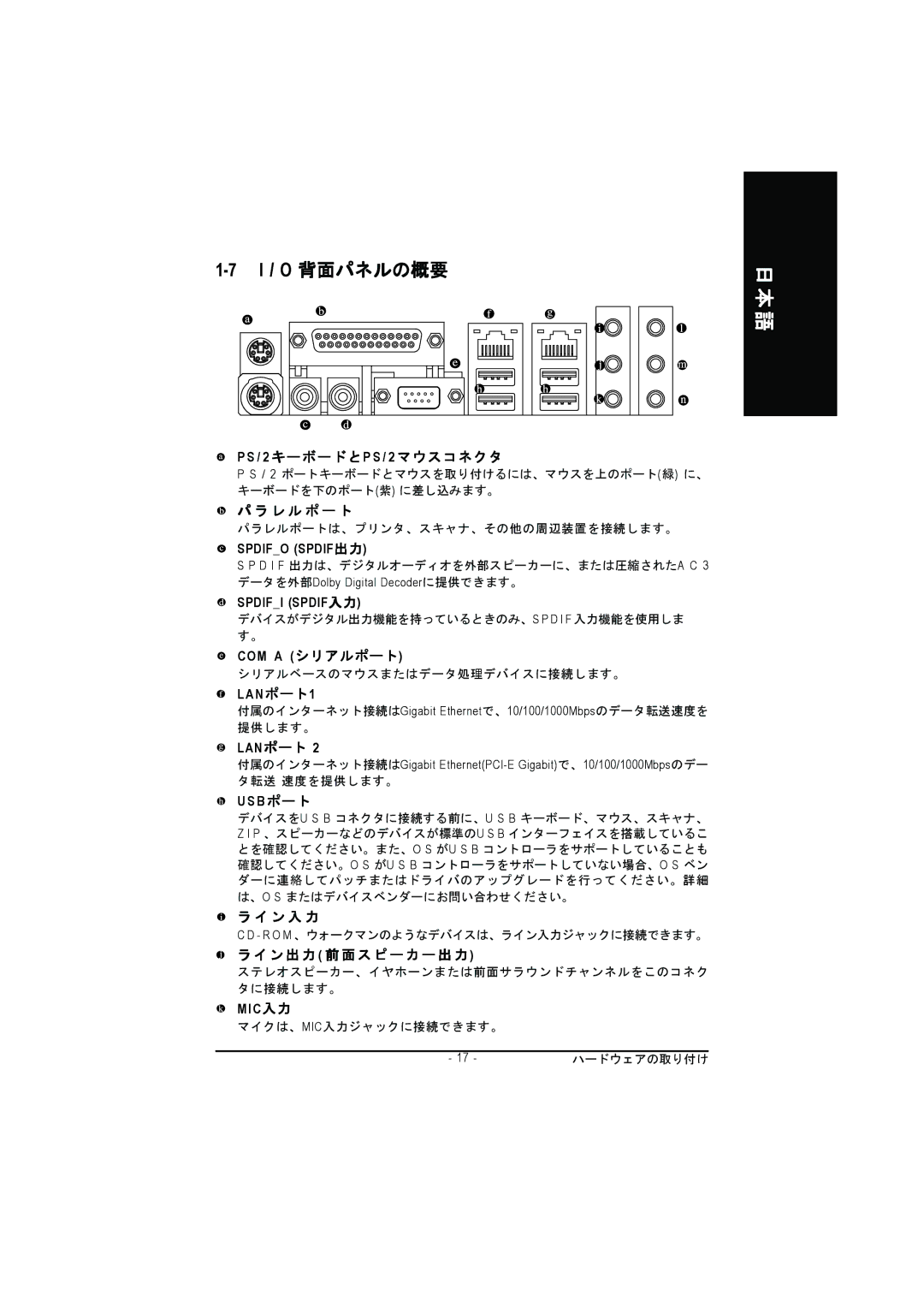 Intel GA-8GPNXP DUO manual パラレルポート, ライン入力, ライン出力 前面スピーカー出力 