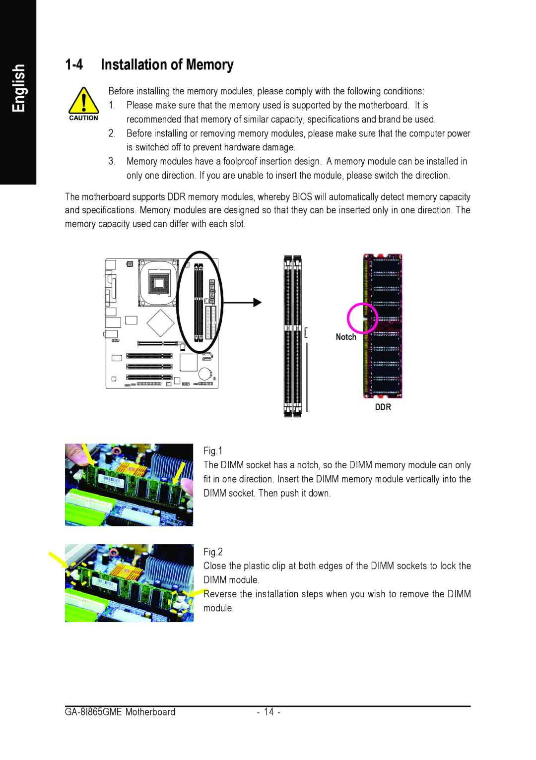 Intel GA-8I865GME user manual Installation of Memory 