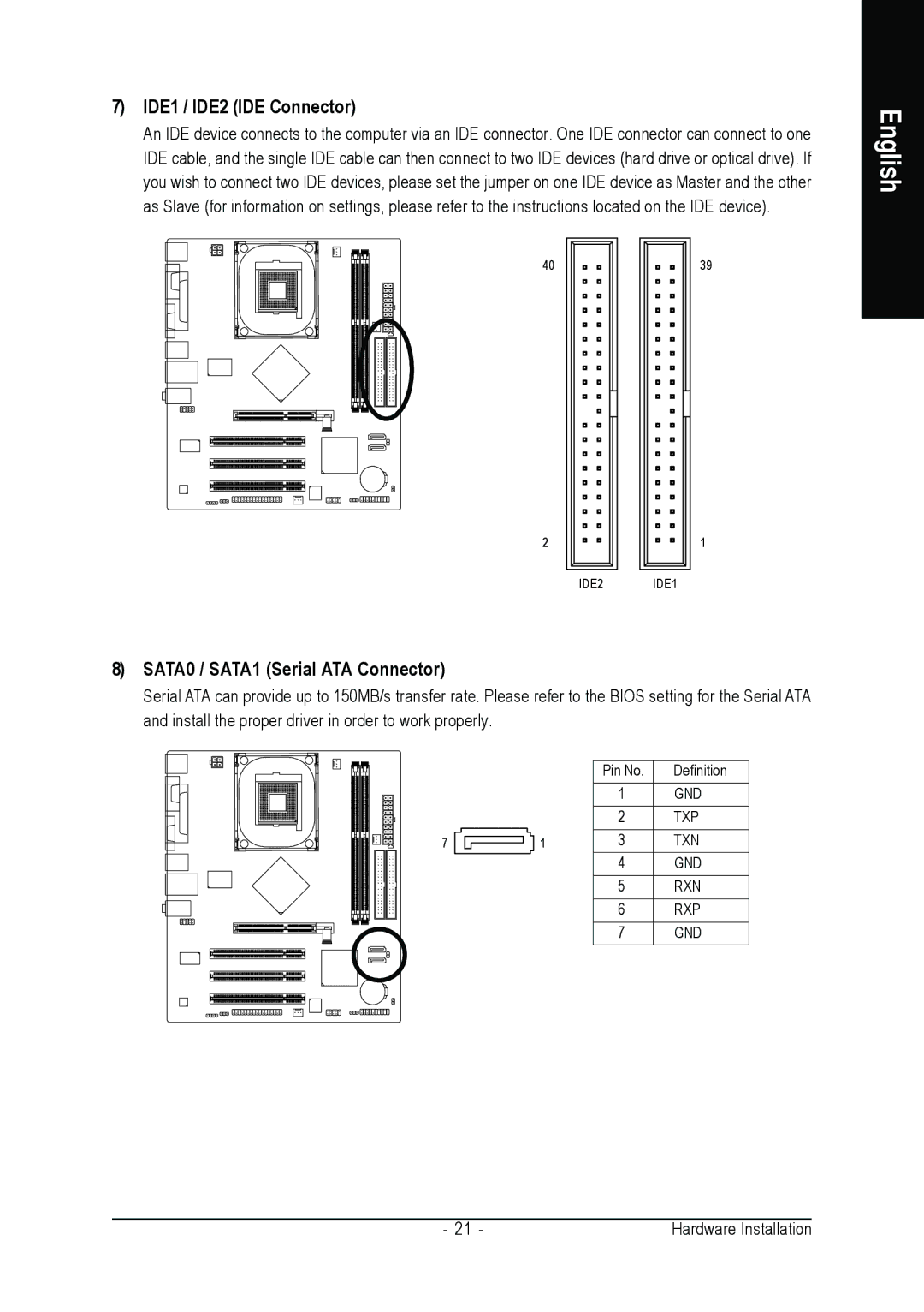 Intel GA-8I865GME user manual IDE1 / IDE2 IDE Connector, SATA0 / SATA1 Serial ATA Connector 