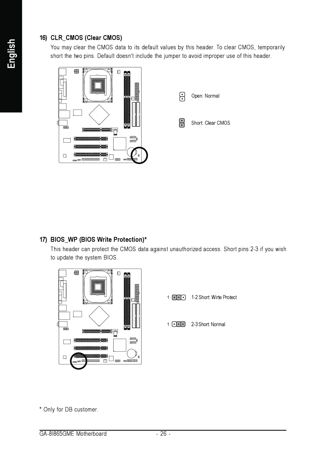 Intel GA-8I865GME user manual Clrcmos Clear Cmos, Bioswp Bios Write Protection 