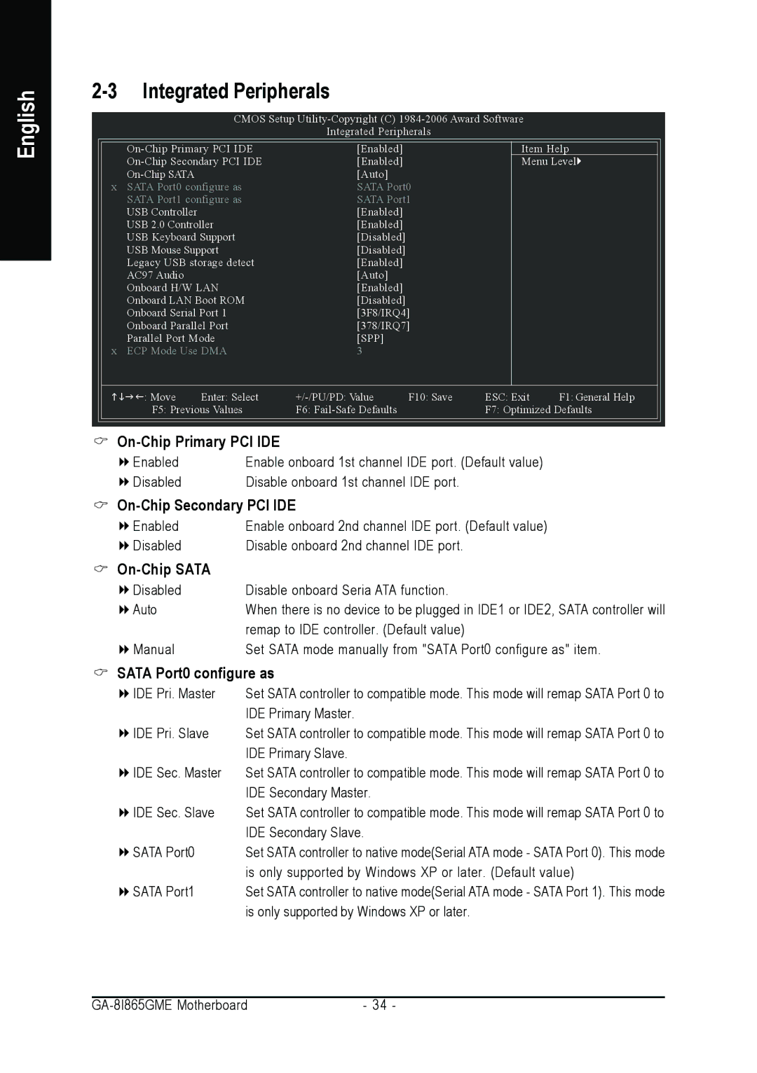 Intel GA-8I865GME user manual Integrated Peripherals, Spp 