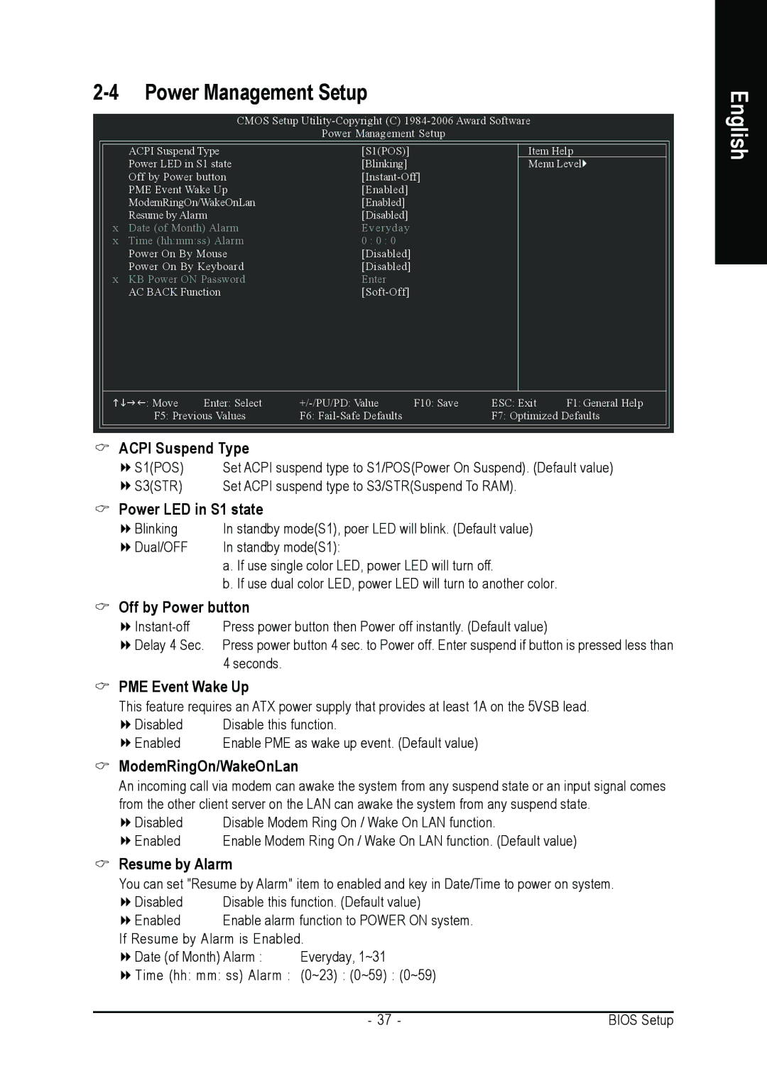 Intel GA-8I865GME user manual Power Management Setup, PME Event Wake Up, ModemRingOn/WakeOnLan, Resume by Alarm 