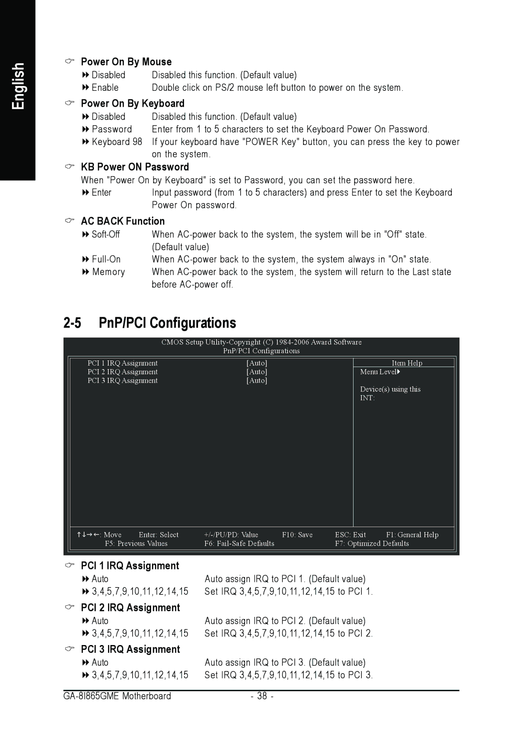 Intel GA-8I865GME PnP/PCI Configurations, Power On By Mouse, Power On By Keyboard, KB Power on Password, AC Back Function 