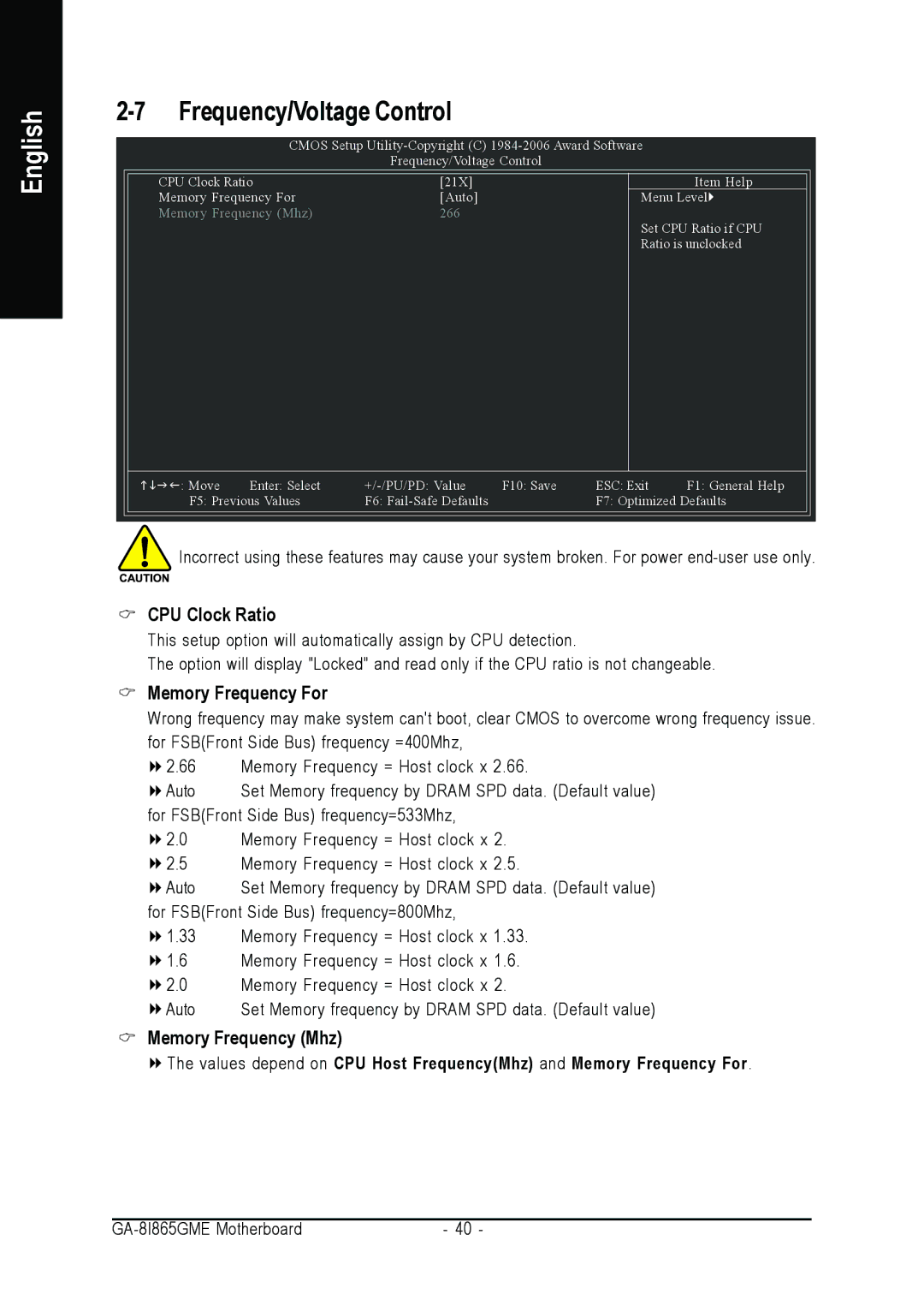 Intel GA-8I865GME user manual Frequency/Voltage Control, CPU Clock Ratio, Memory Frequency For, Memory Frequency Mhz 