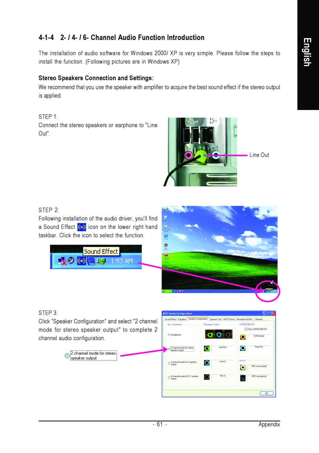 Intel GA-8I865GME user manual 4 2- / 4- / 6- Channel Audio Function Introduction, Stereo Speakers Connection and Settings 