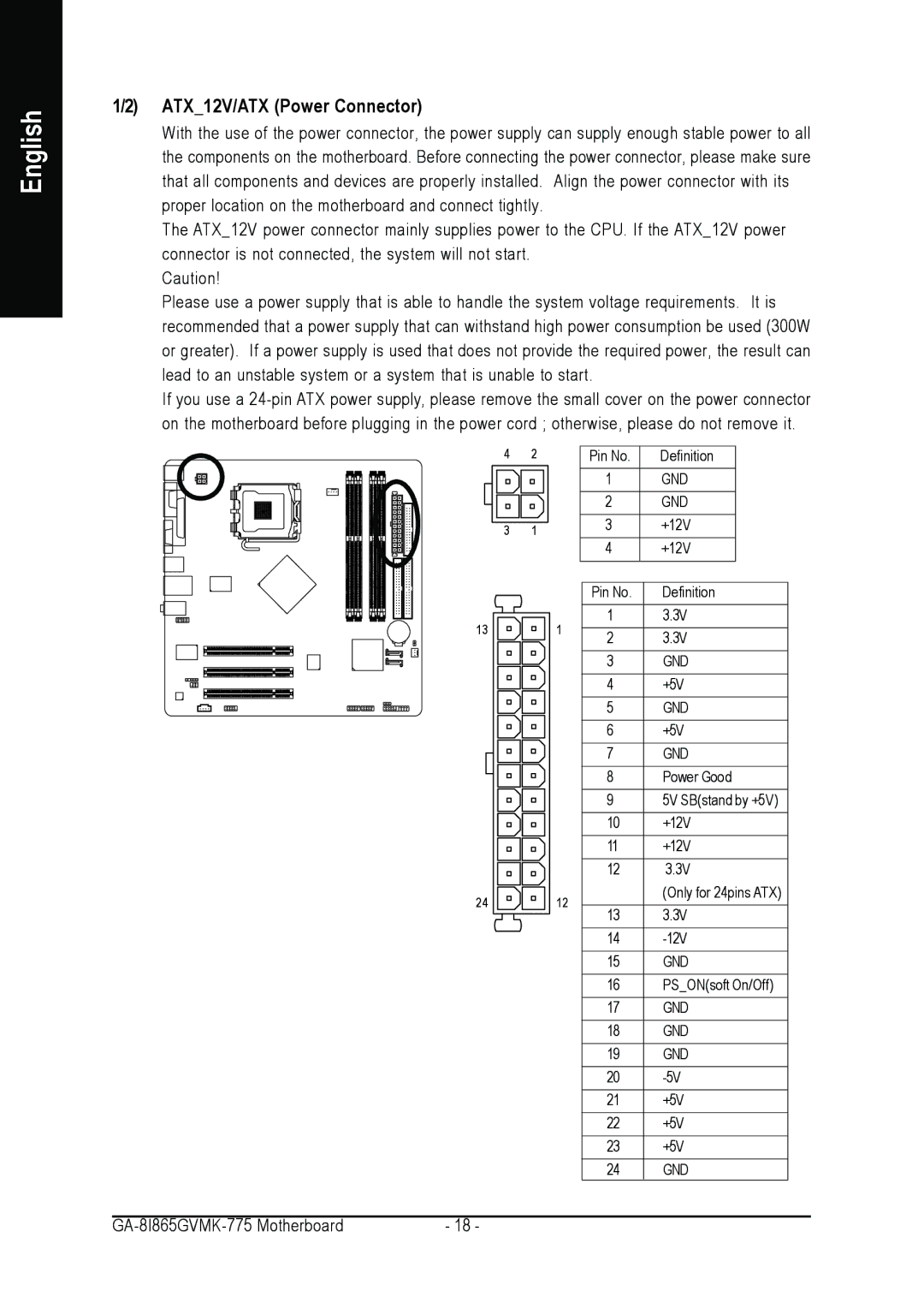 Intel GA-8I865GVMK-775 user manual ATX12V/ATX Power Connector 