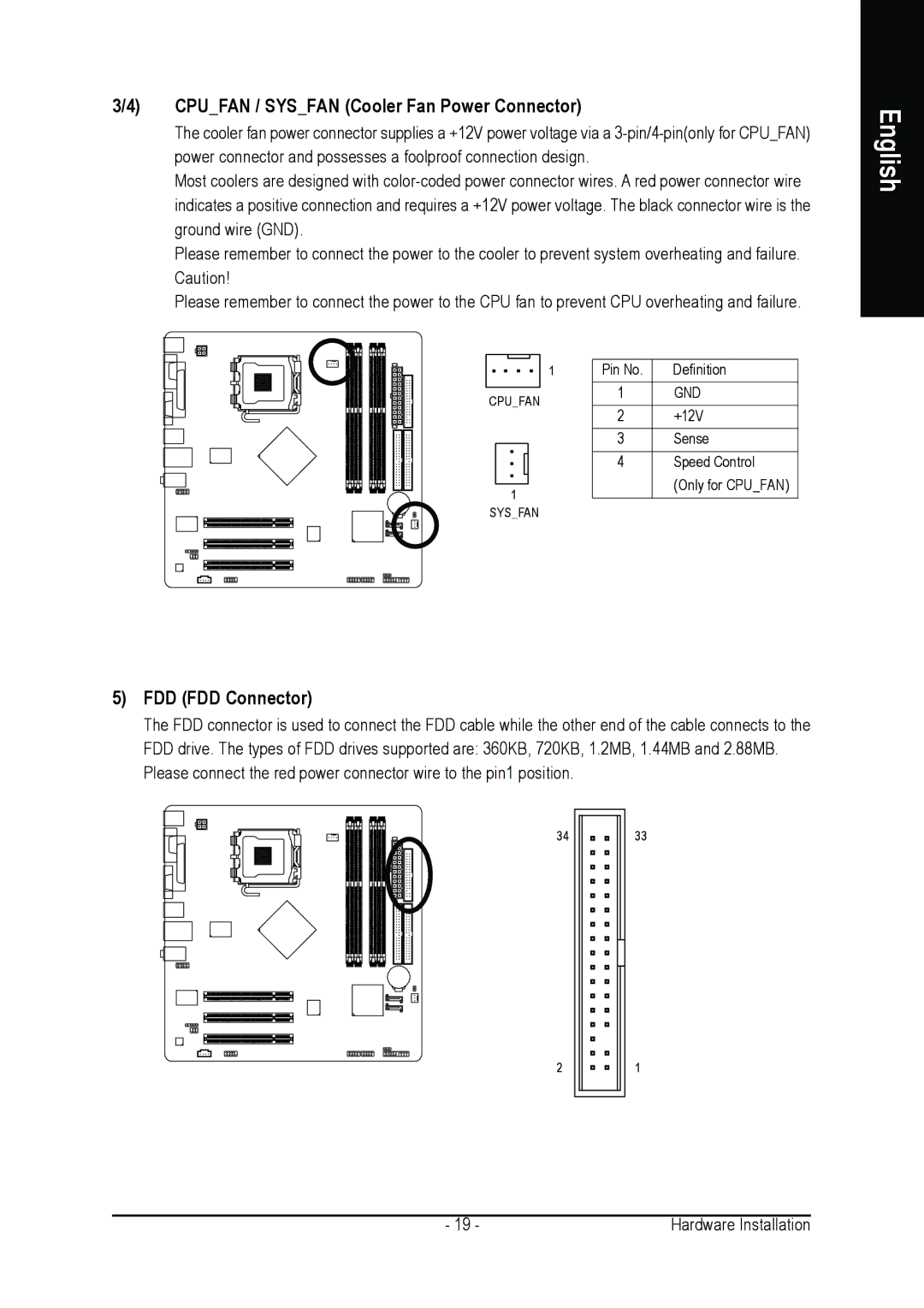 Intel GA-8I865GVMK-775 user manual Cpufan / Sysfan Cooler Fan Power Connector, FDD FDD Connector 