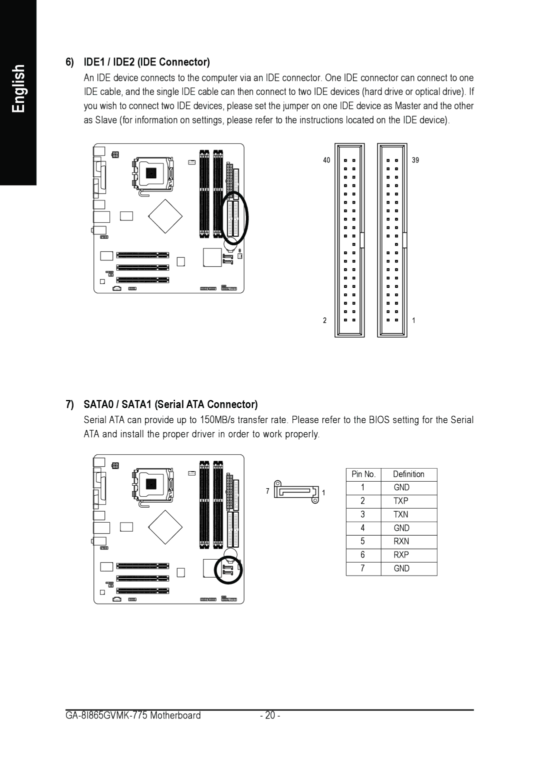 Intel GA-8I865GVMK-775 user manual IDE1 / IDE2 IDE Connector, SATA0 / SATA1 Serial ATA Connector 