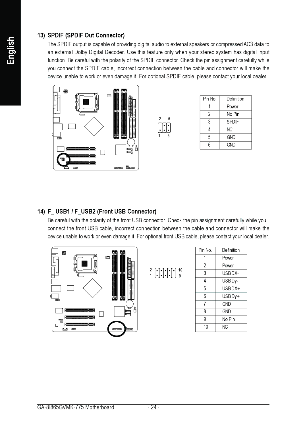 Intel GA-8I865GVMK-775 user manual Spdif Spdif Out Connector, USB1 / FUSB2 Front USB Connector 