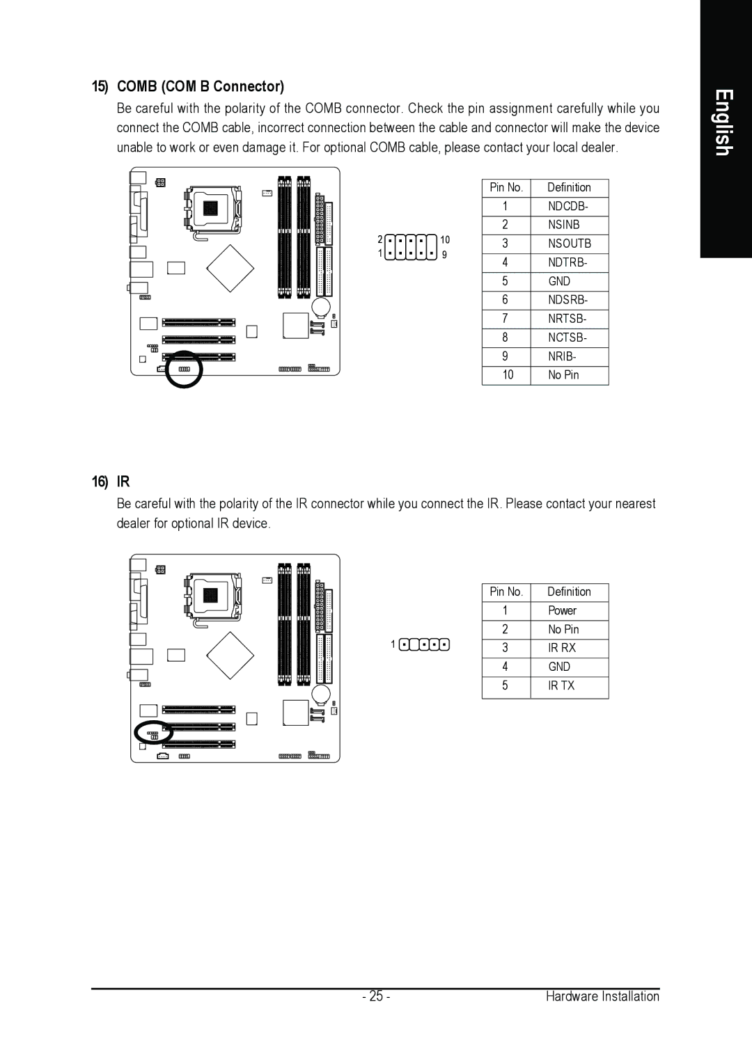 Intel GA-8I865GVMK-775 user manual Comb COM B Connector, 16 IR 