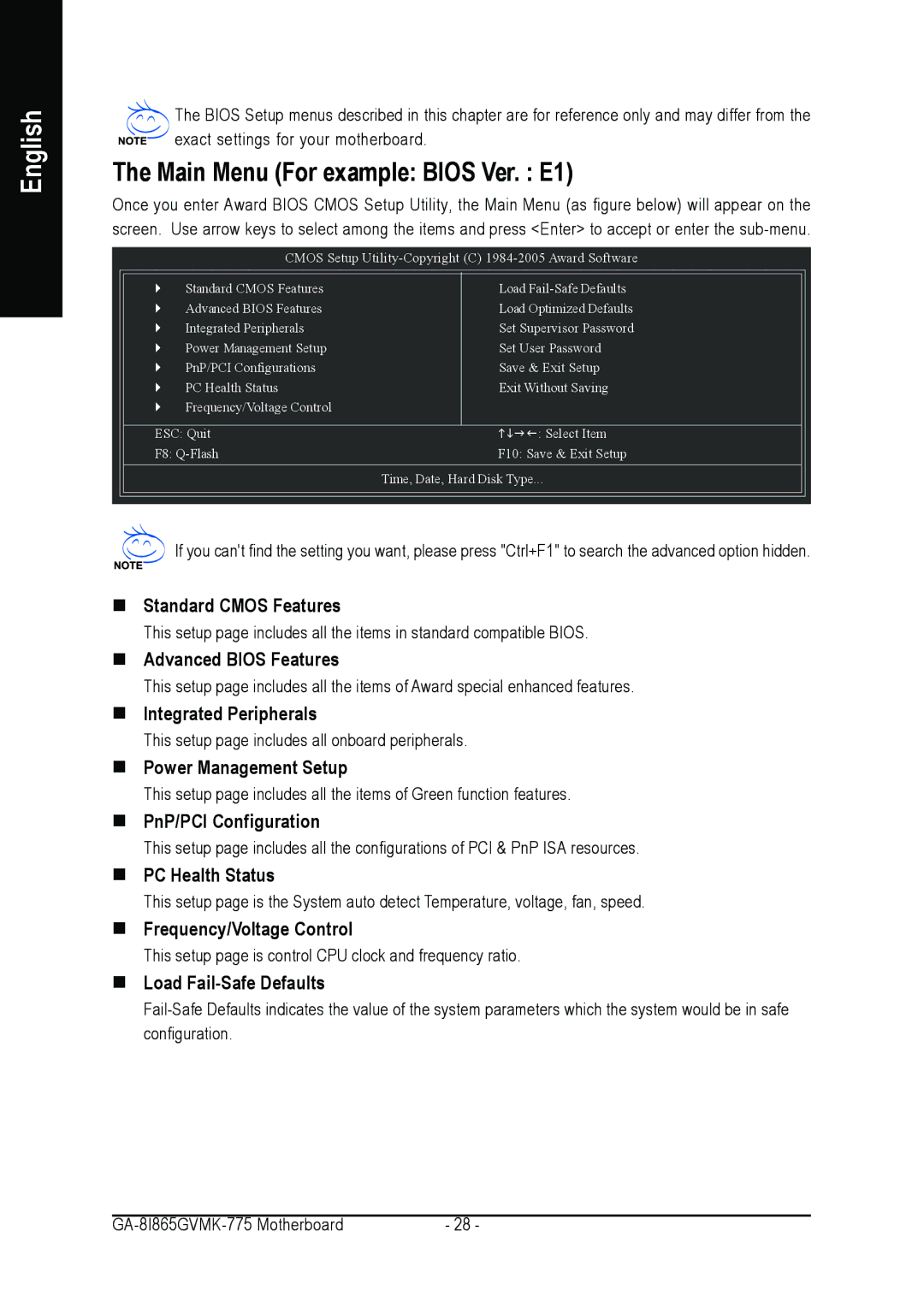 Intel GA-8I865GVMK-775 user manual Main Menu For example Bios Ver. E1 