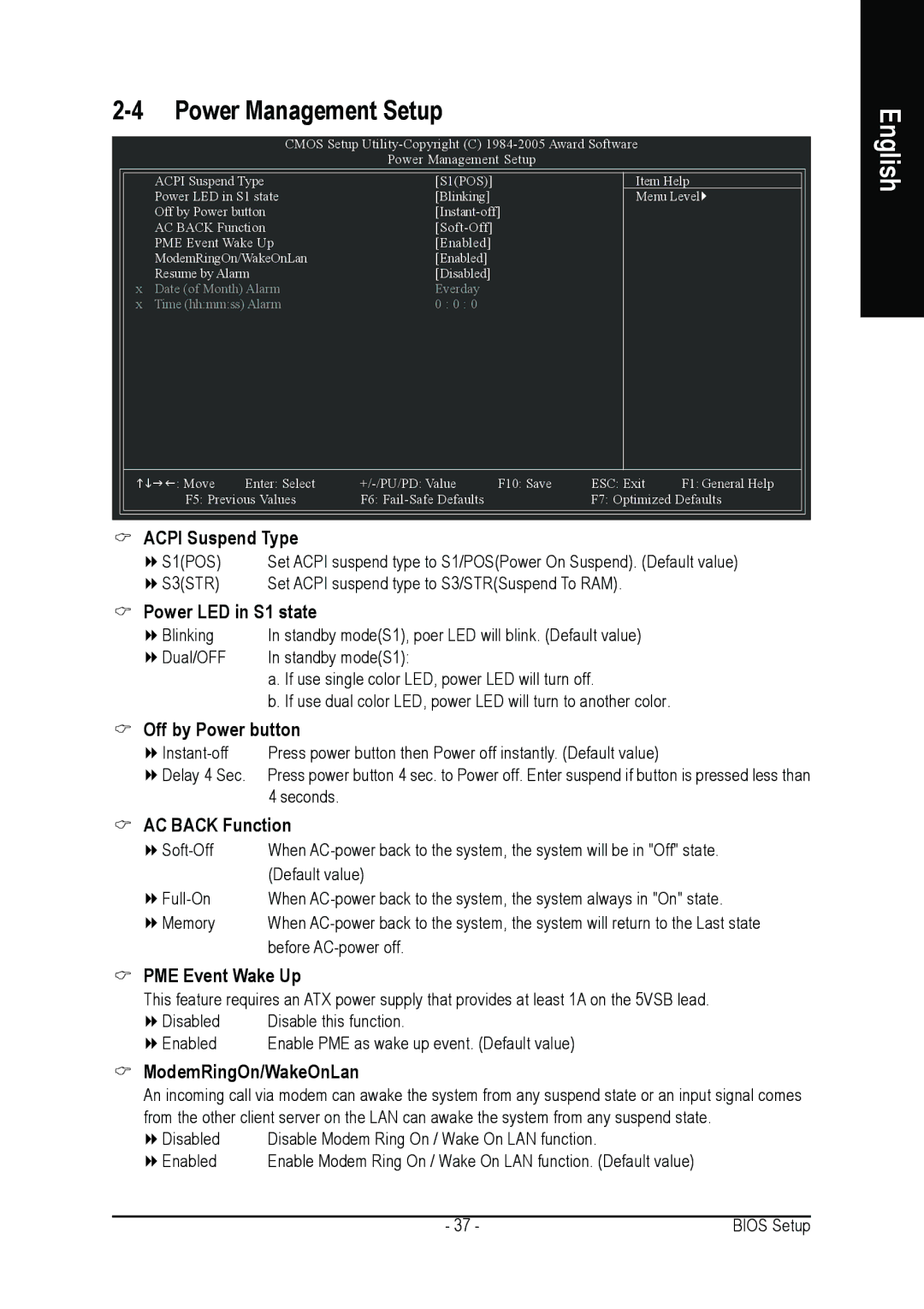 Intel GA-8I865GVMK-775 user manual Power Management Setup, AC Back Function, PME Event Wake Up, ModemRingOn/WakeOnLan 