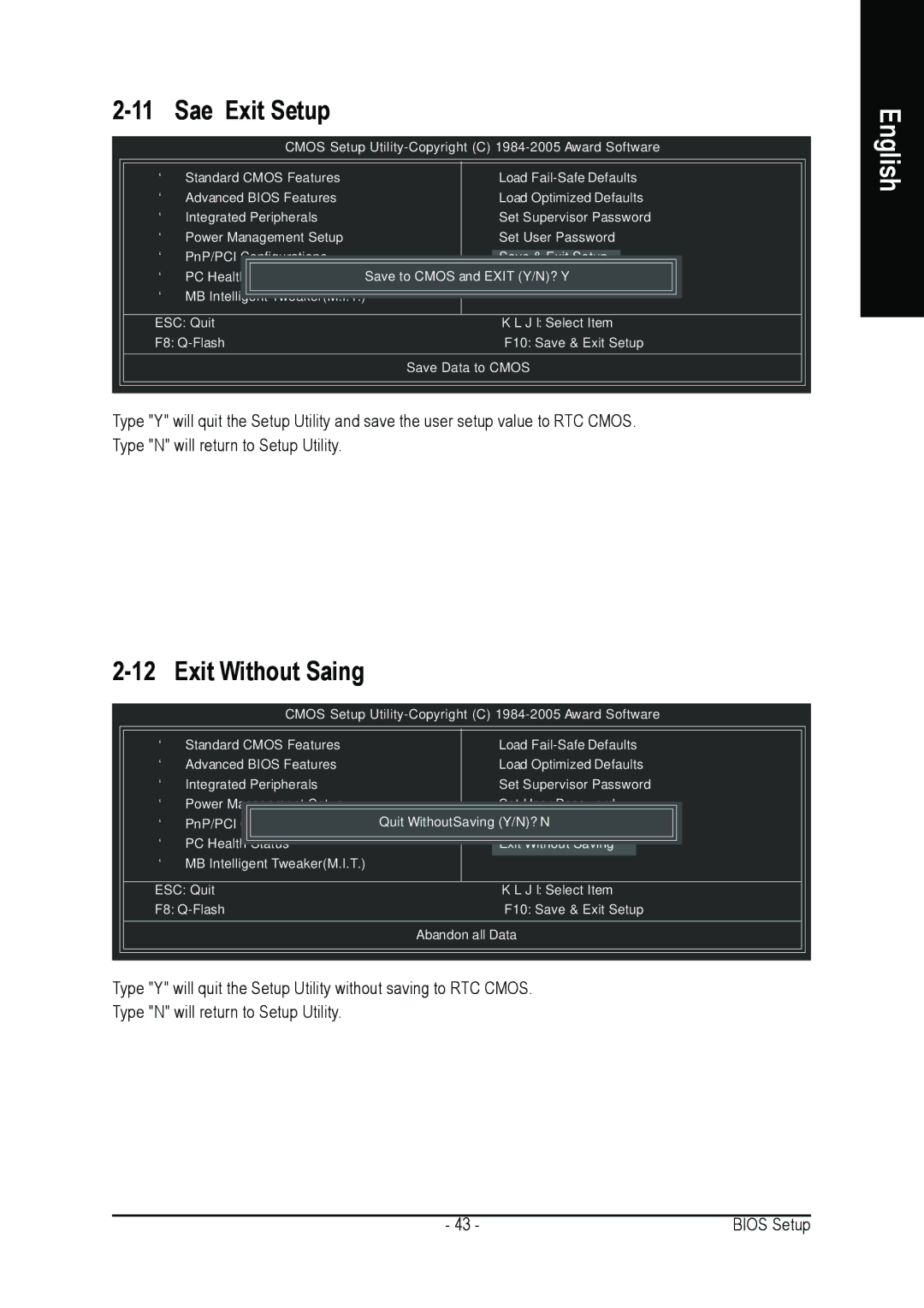 Intel GA-8I865GVMK-775 user manual Save & Exit Setup, Exit Without Saving 