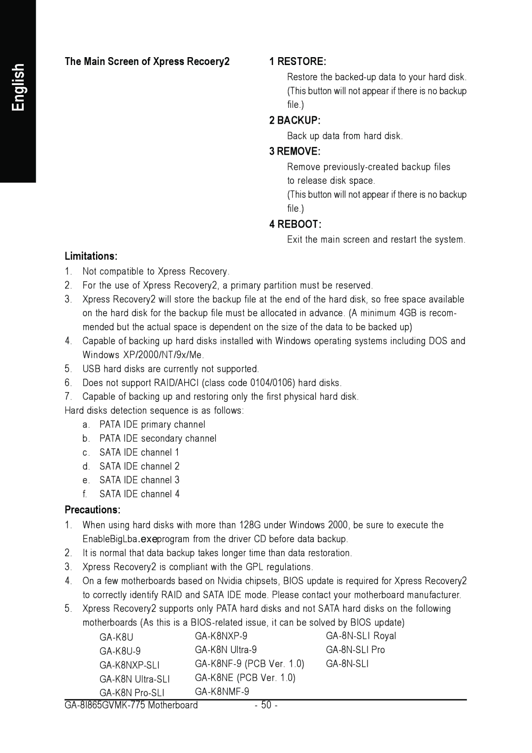 Intel GA-8I865GVMK-775 user manual Main Screen of Xpress Recovery2, Limitations, Precautions 