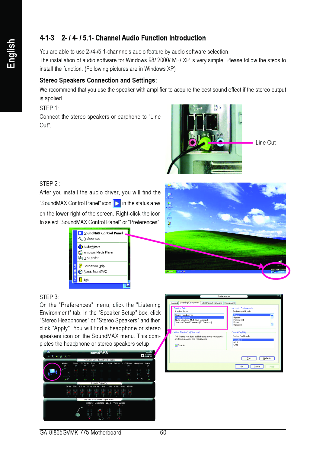 Intel GA-8I865GVMK-775 3 2- / 4- / 5.1- Channel Audio Function Introduction, Stereo Speakers Connection and Settings 