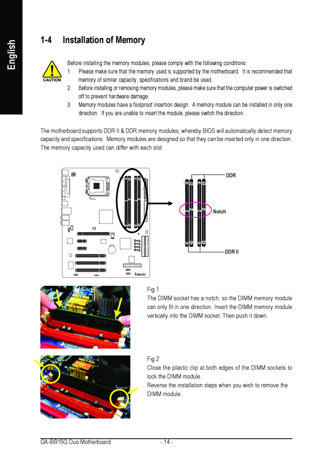 Intel GA-8I915G DUO user manual Installation of Memory 