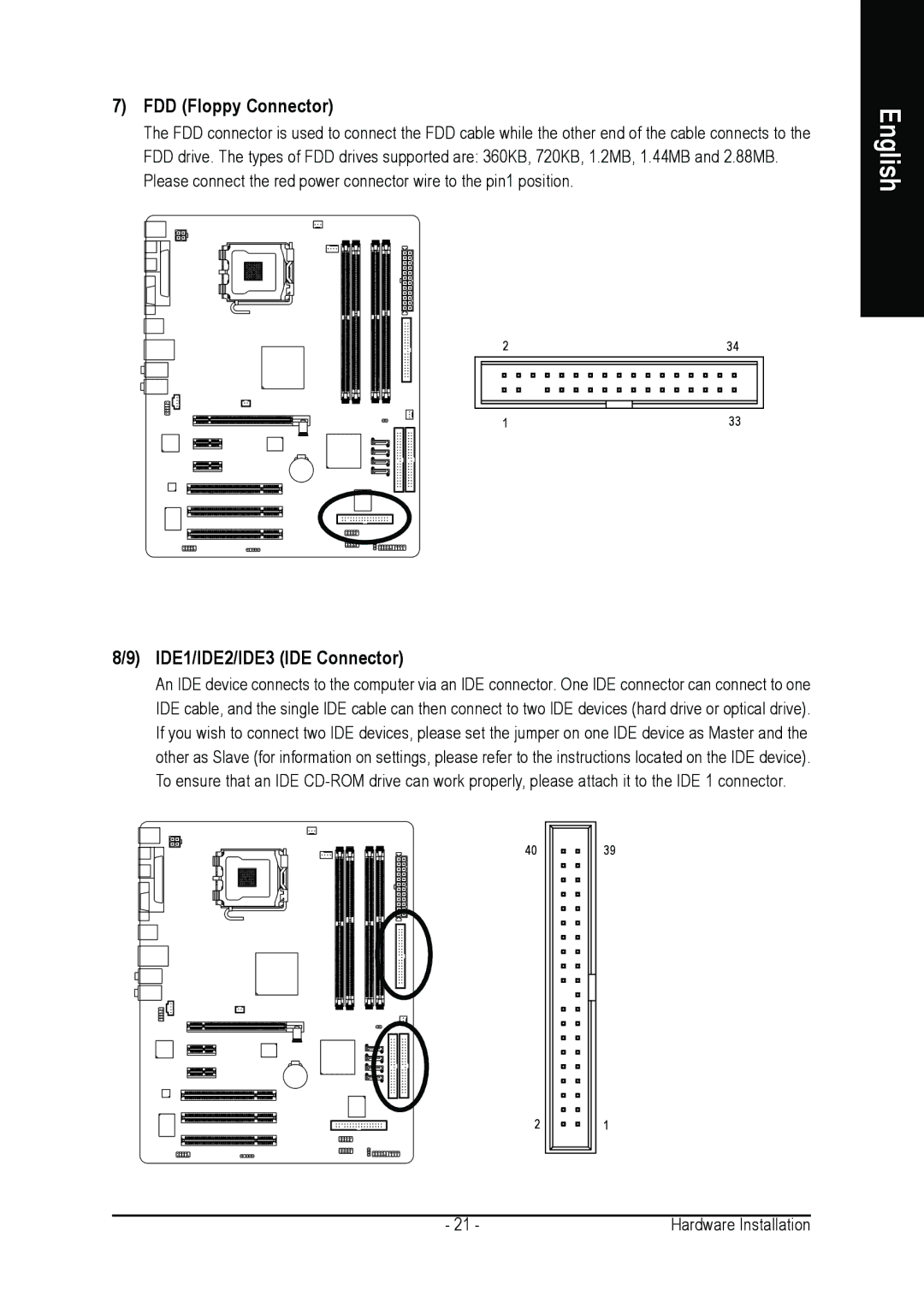 Intel GA-8I915G DUO user manual FDD Floppy Connector, IDE1/IDE2/IDE3 IDE Connector 