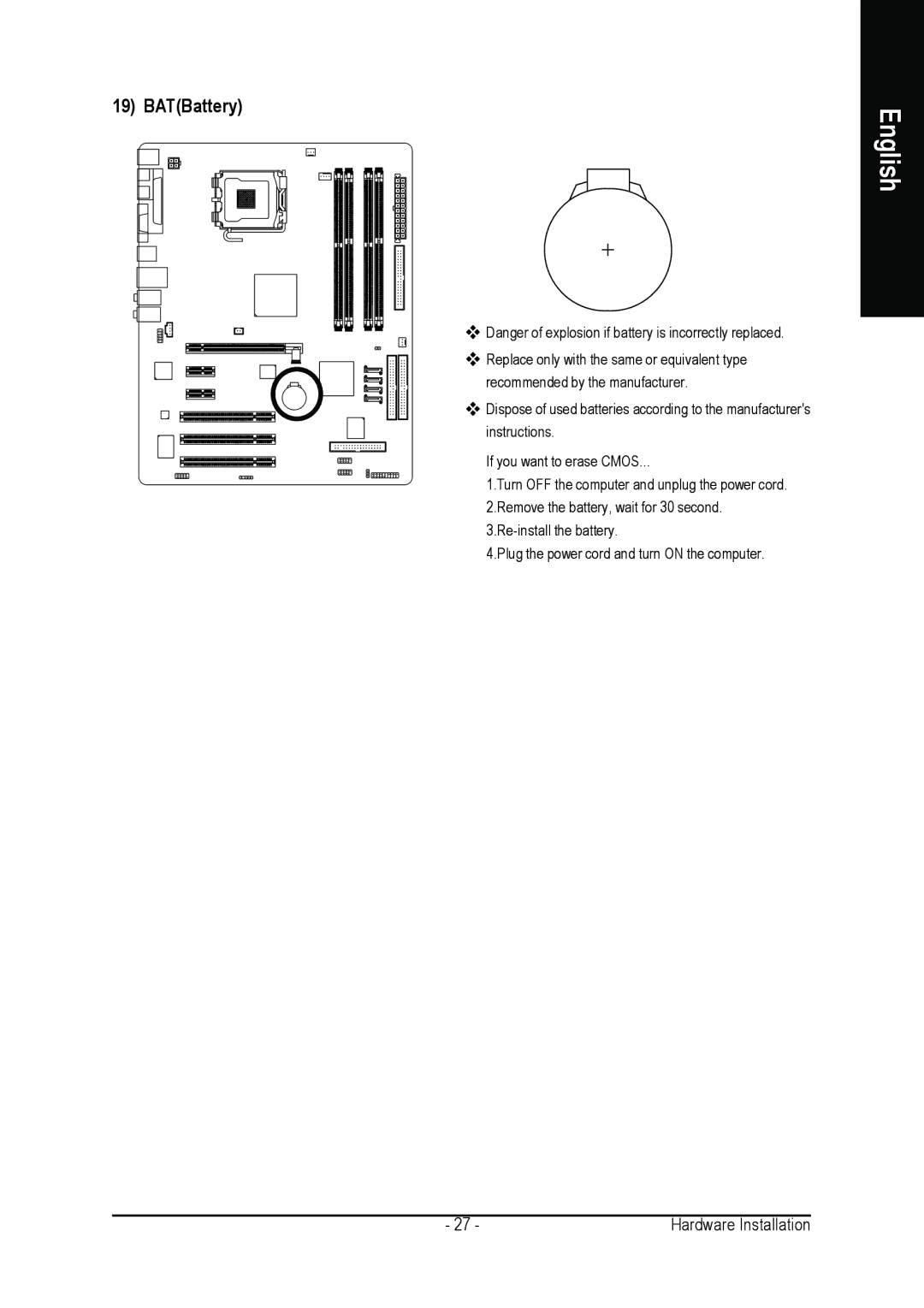 Intel GA-8I915G DUO user manual BATBattery 