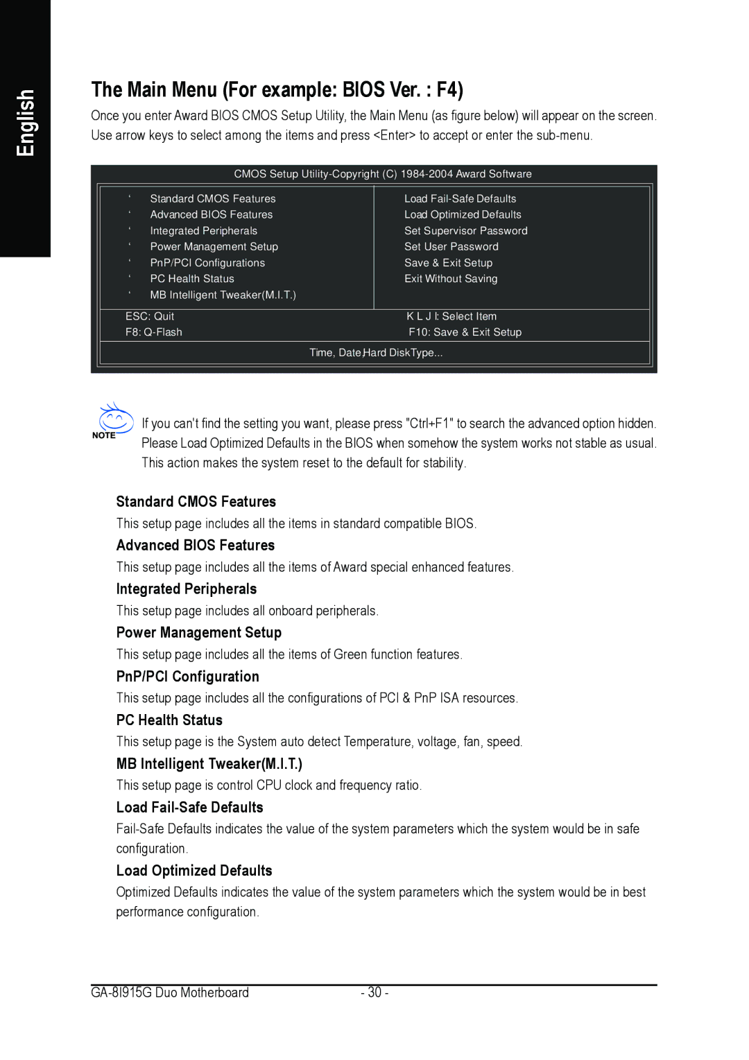 Intel GA-8I915G DUO user manual Main Menu For example Bios Ver. F4 