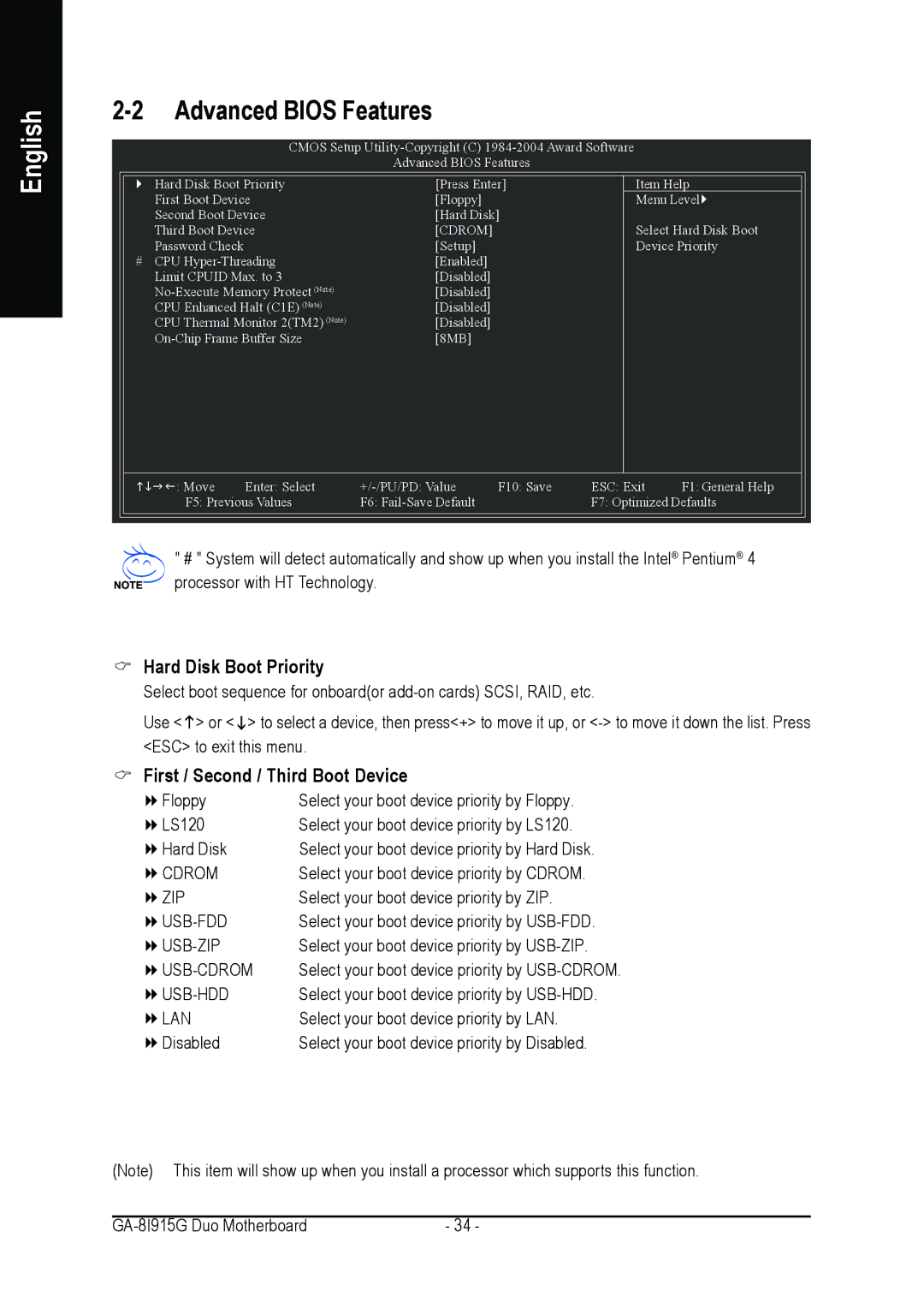 Intel GA-8I915G DUO user manual Advanced Bios Features, Hard Disk Boot Priority, First / Second / Third Boot Device 