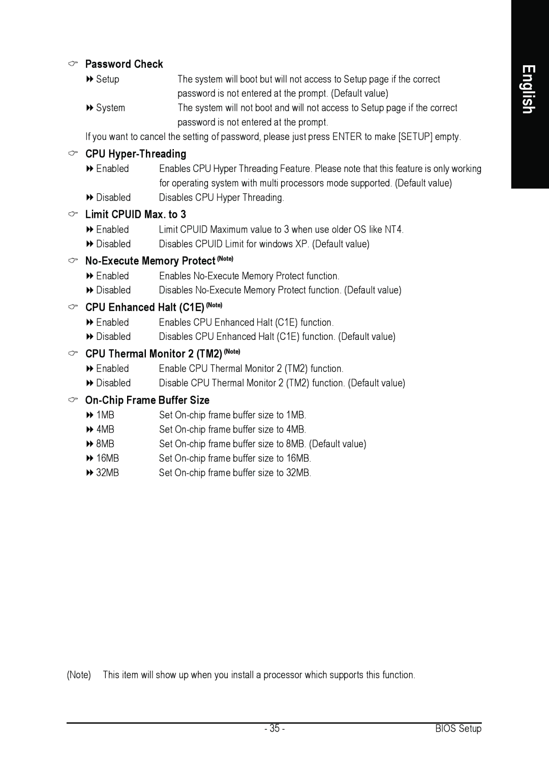 Intel GA-8I915G DUO user manual Password Check, CPU Hyper-Threading, Limit Cpuid Max. to, No-Execute Memory Protect Note 